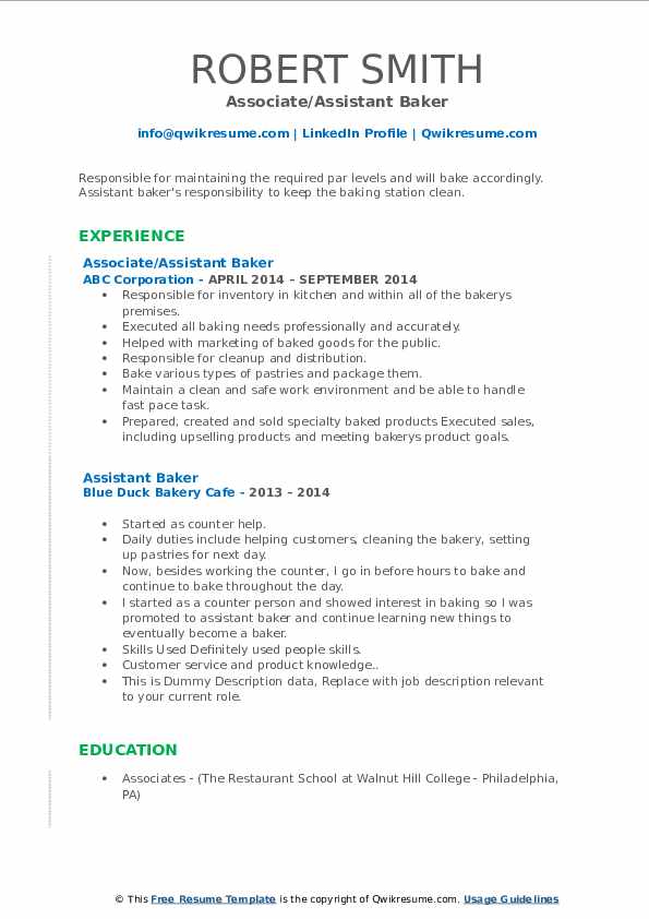 Assistant Baker Resume Samples QwikResume