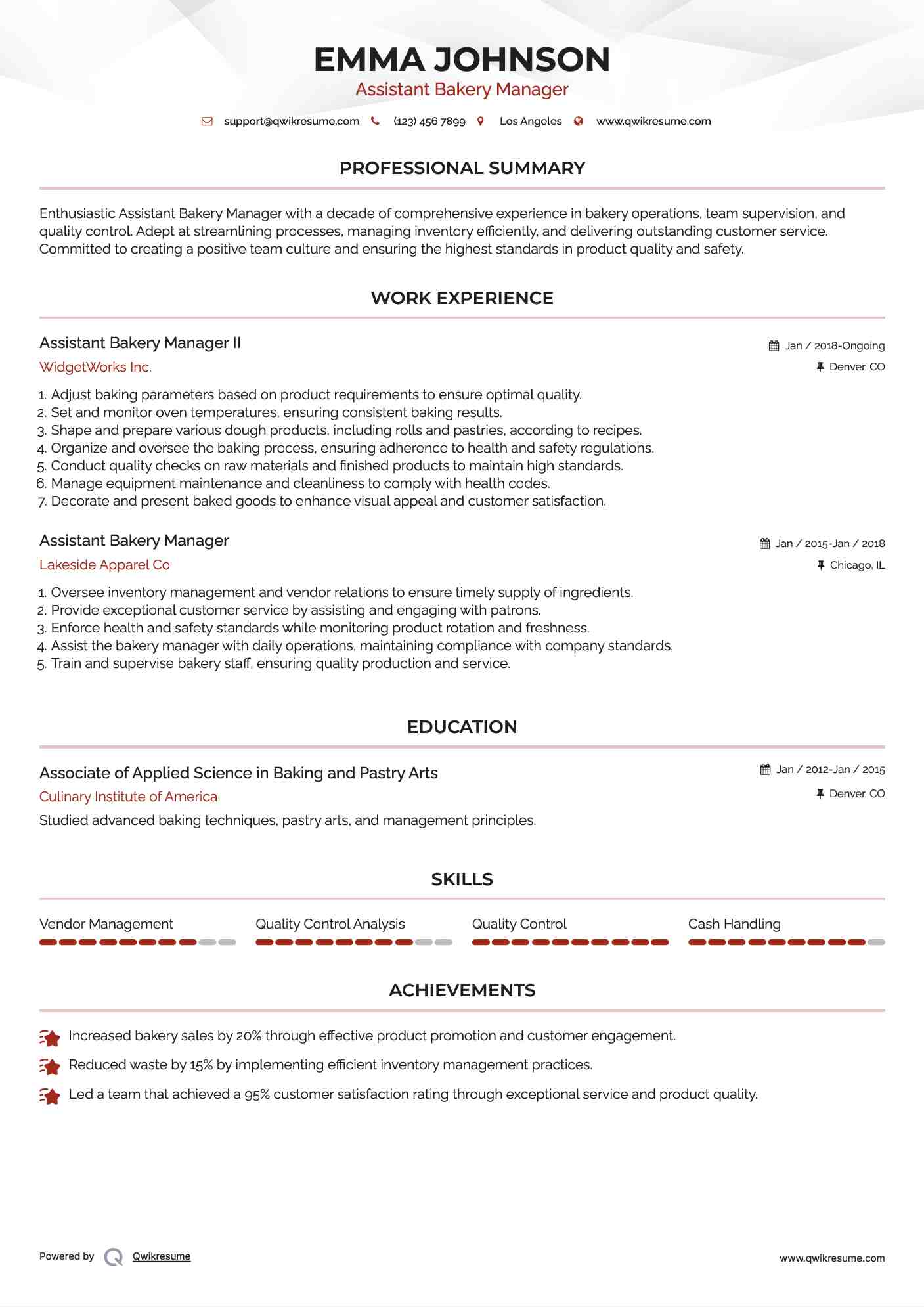 Assistant Bakery Manager II Resume Model