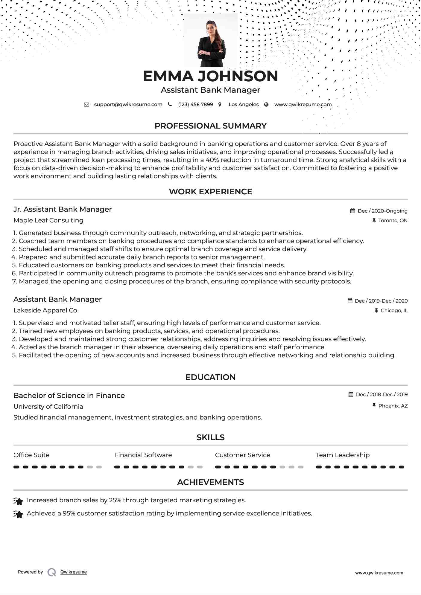 Jr. Assistant Bank Manager Resume Model