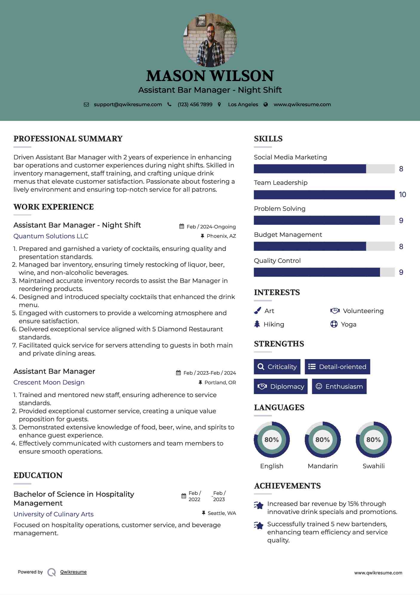 Assistant Bar Manager Resume Samples QwikResume