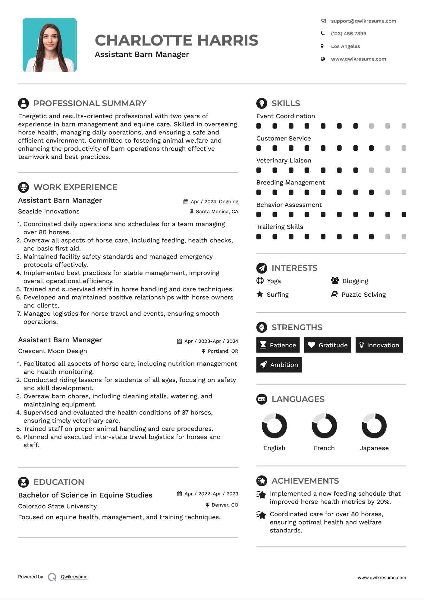 Assistant Barn Manager Resume Example