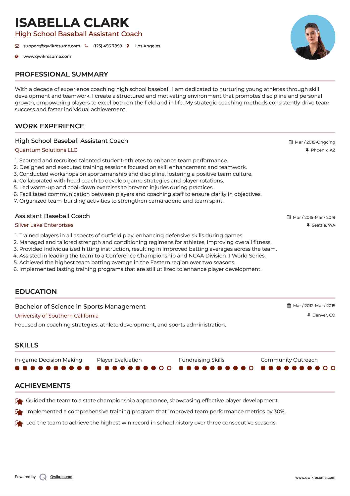 High School Baseball Assistant Coach
 Resume Example