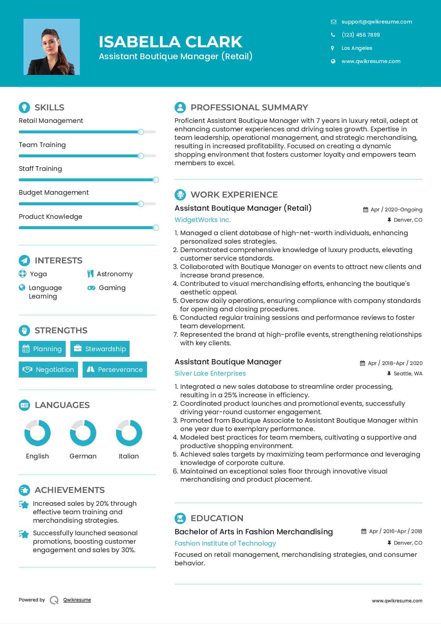 Assistant Boutique Manager (Retail) Resume Model