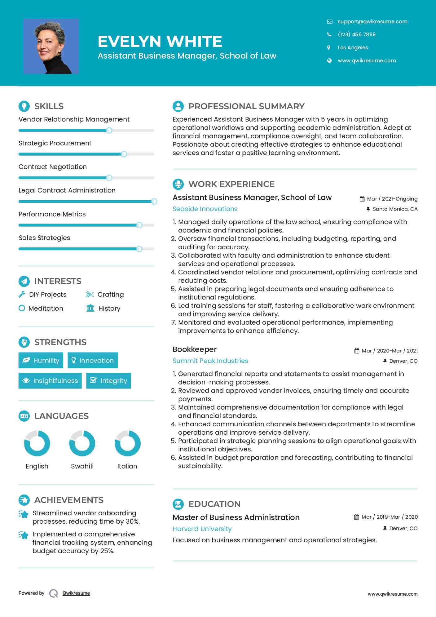 Assistant Business Manager, School of Law
 Resume Format