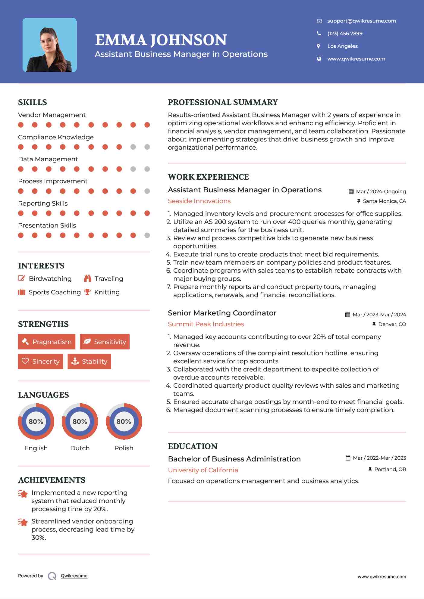 Assistant Business Manager in Operations Resume Template