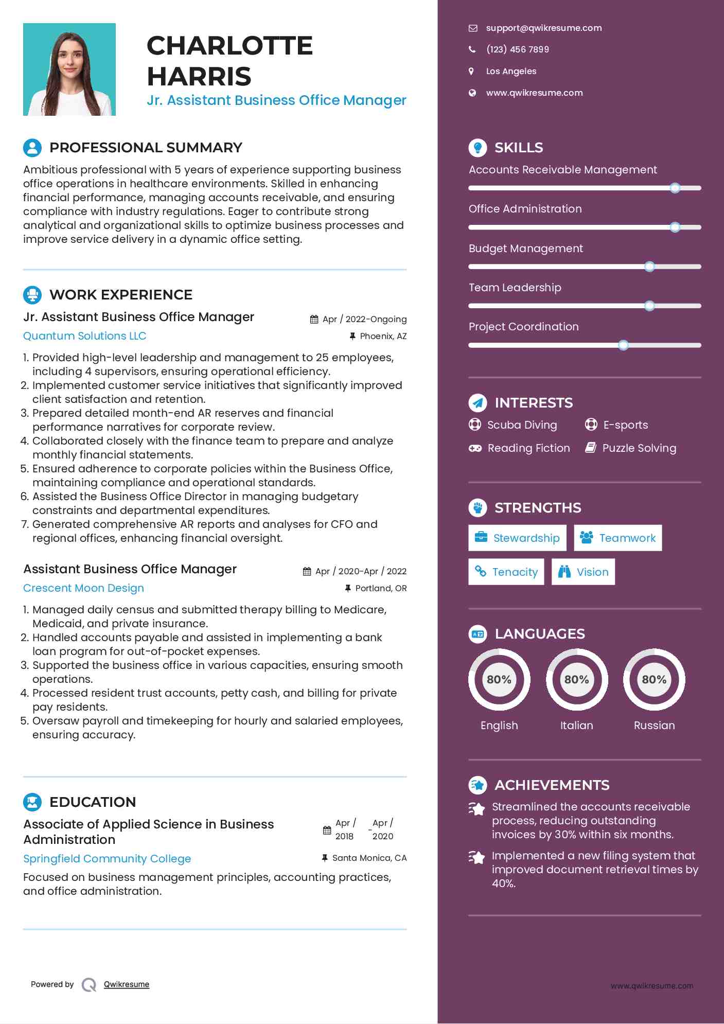 Jr. Assistant Business Office Manager Resume Sample