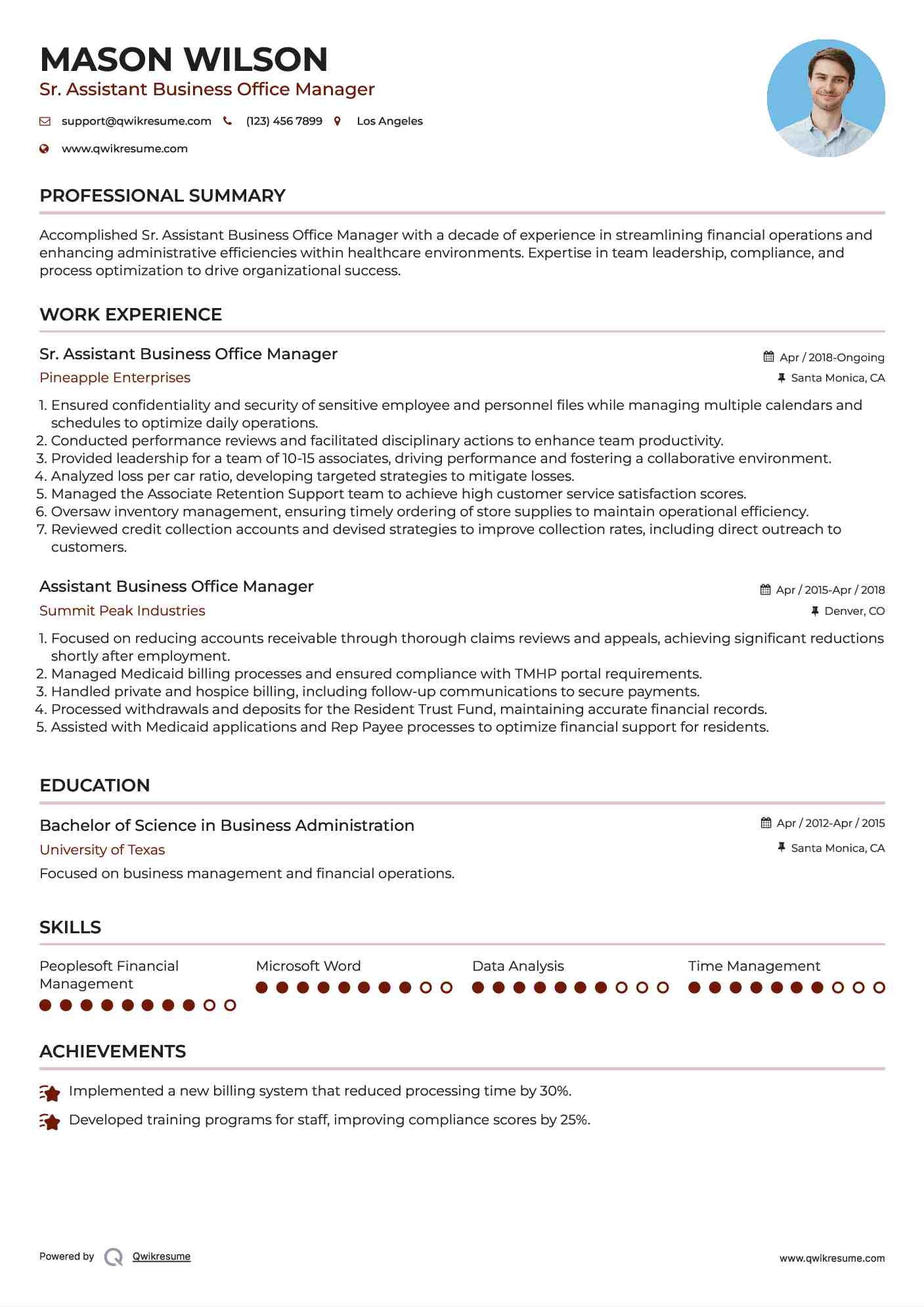 Sr. Assistant Business Office Manager Resume Format