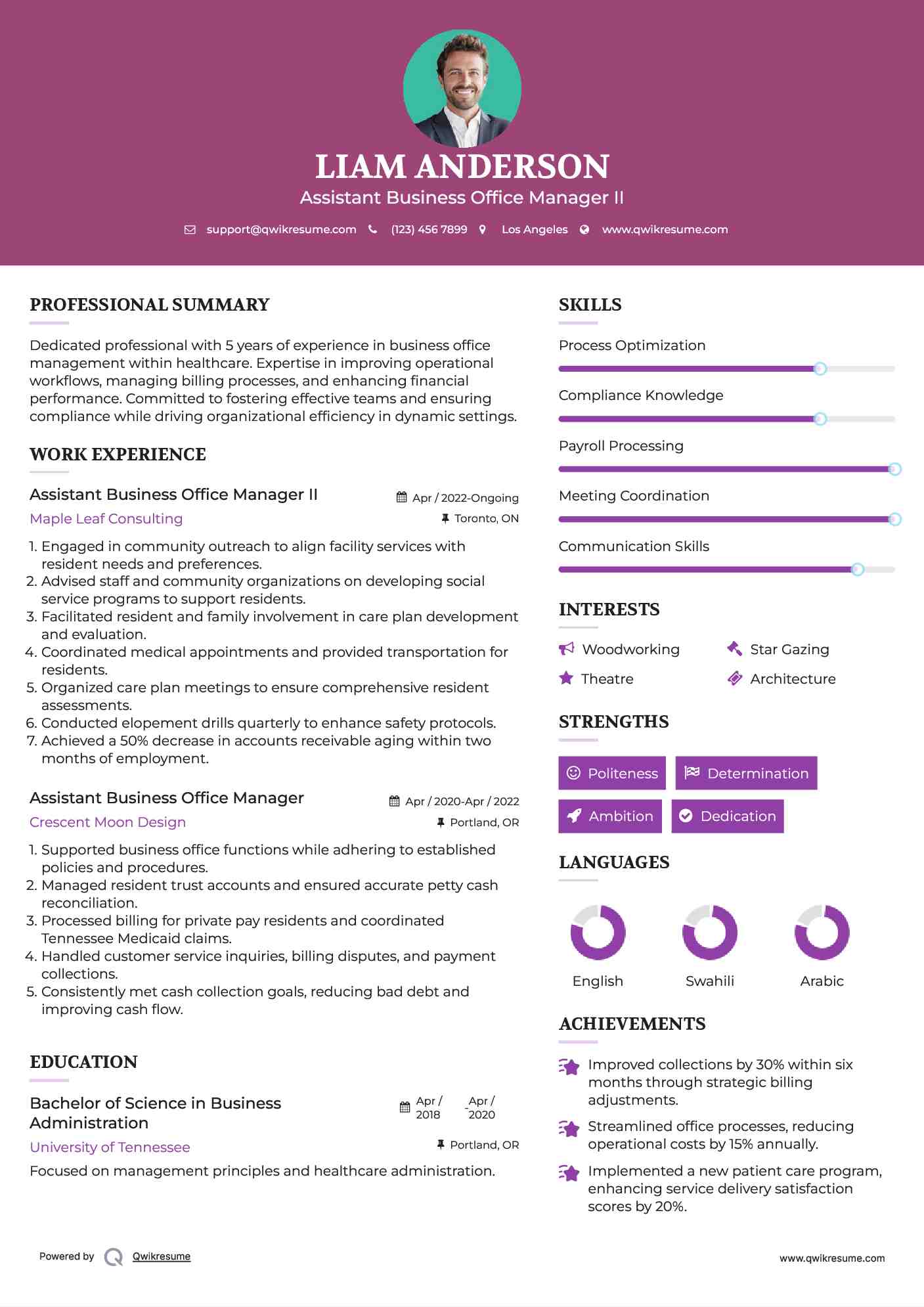 Assistant Business Office Manager II Resume Template