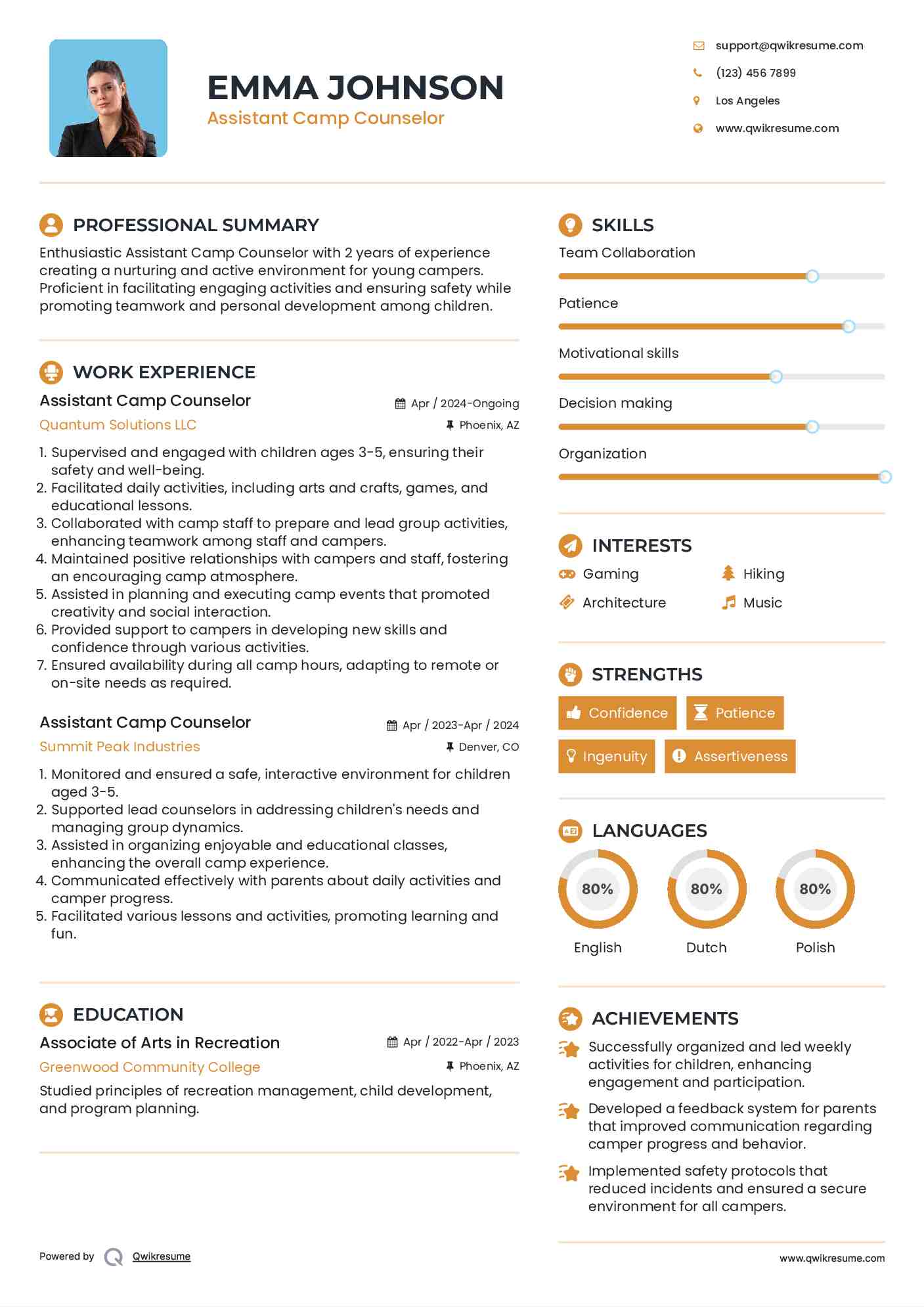 Assistant Camp Counselor Resume Format