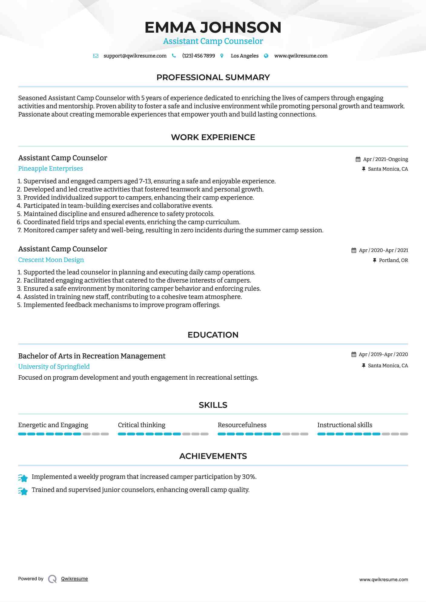 Assistant Camp Counselor Resume Template