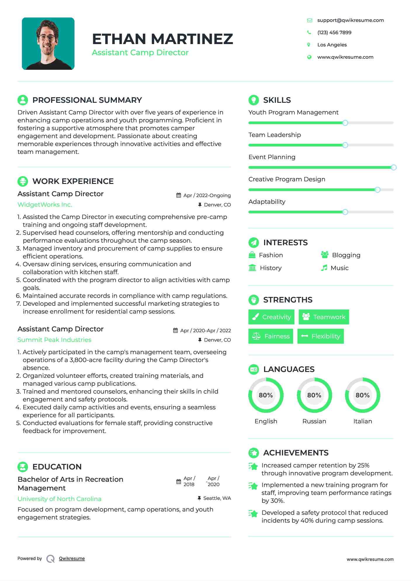 Assistant Camp Director Resume Model