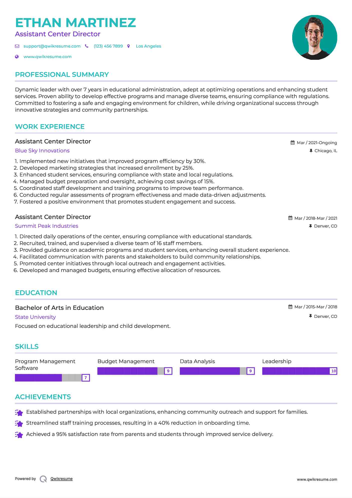 Assistant Center Director Resume Example