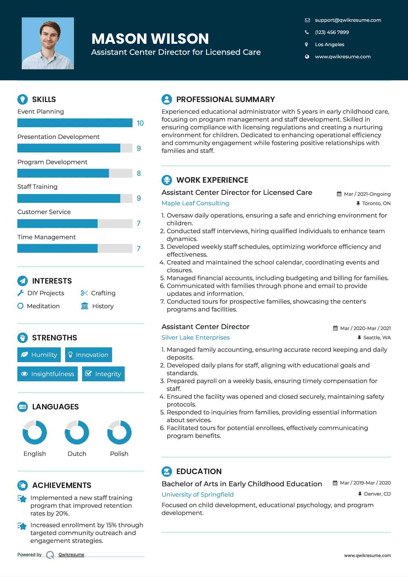 Assistant Center Director for Licensed Care
 Resume Template