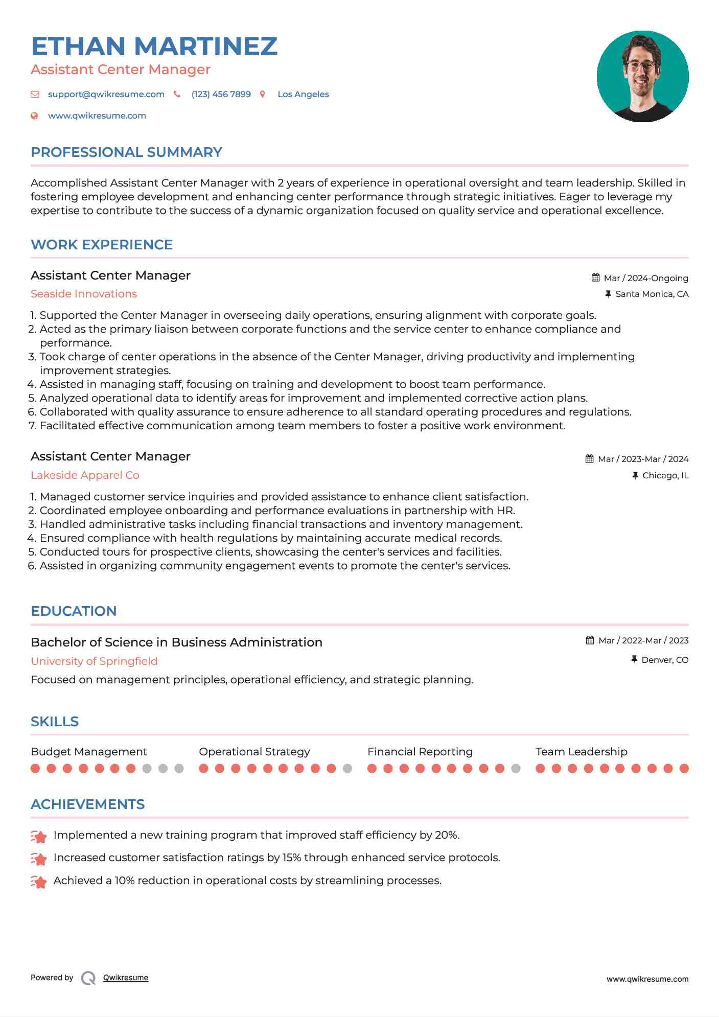 Assistant Center Manager Resume Example
