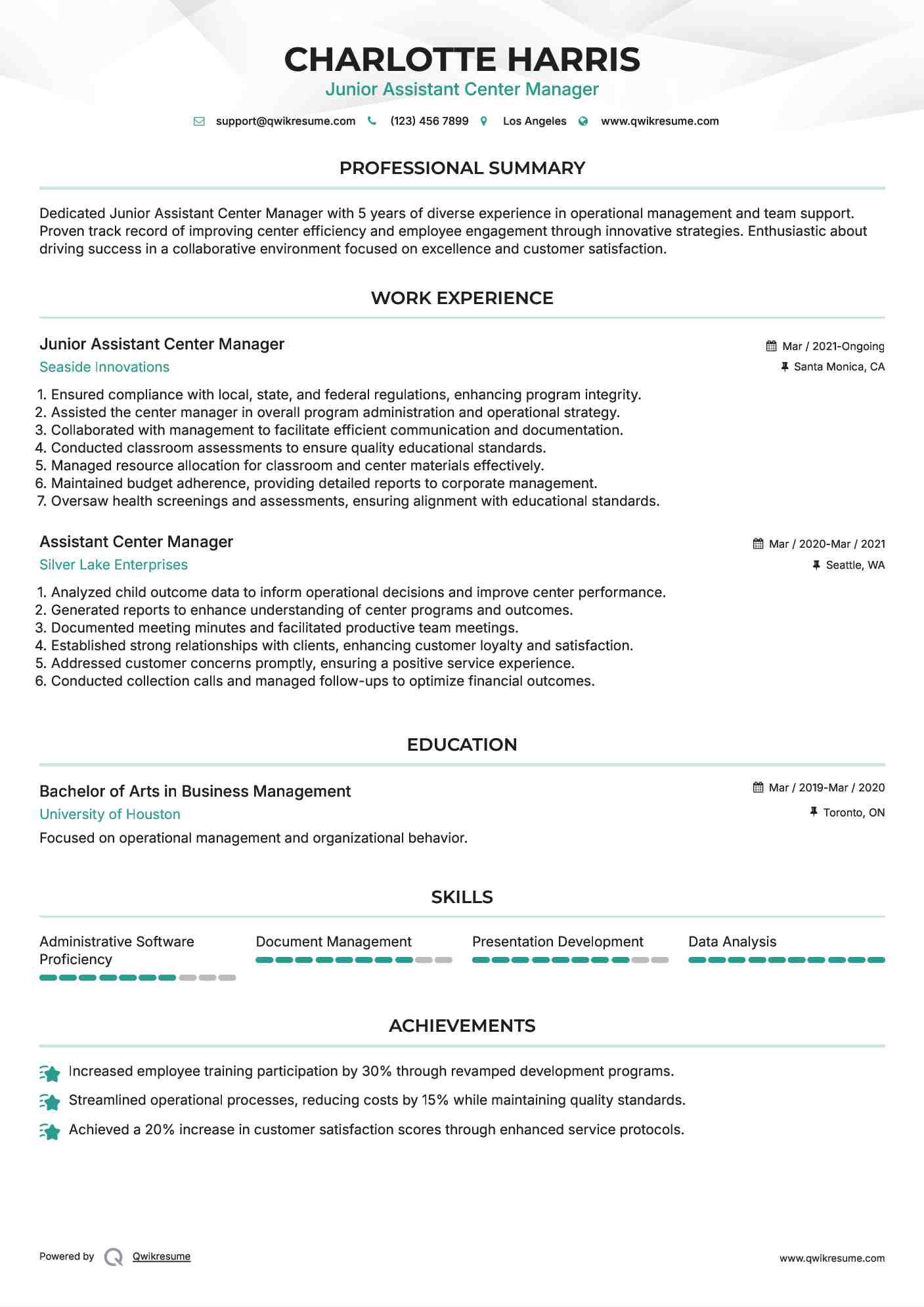 Junior Assistant Center Manager Resume Example