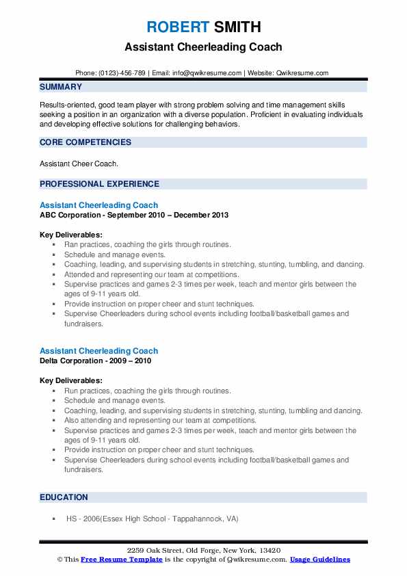 Assistant Cheerleading Coach Resume Samples QwikResume