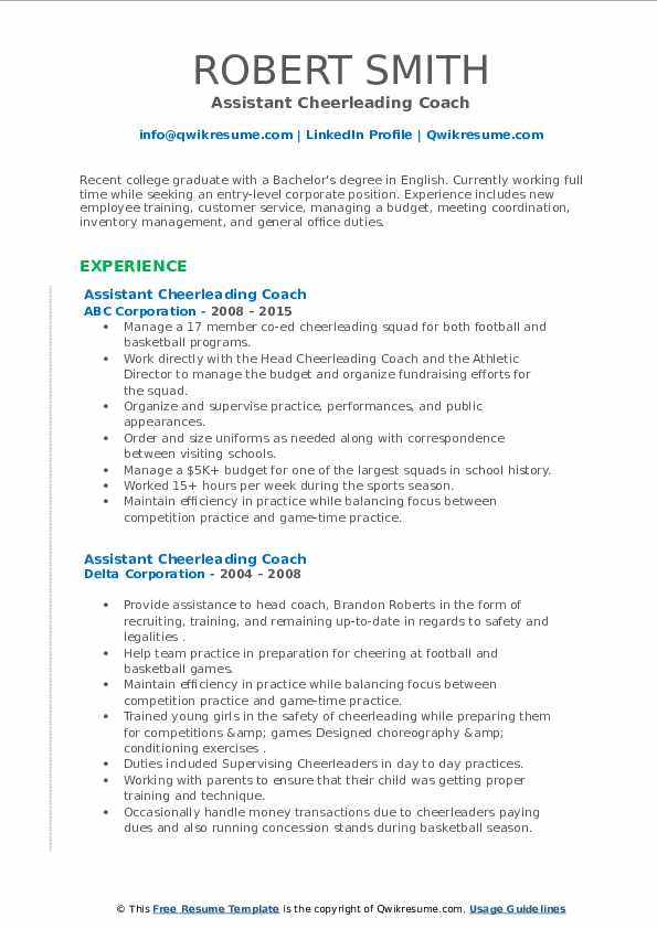 Assistant Cheerleading Coach Resume Samples QwikResume