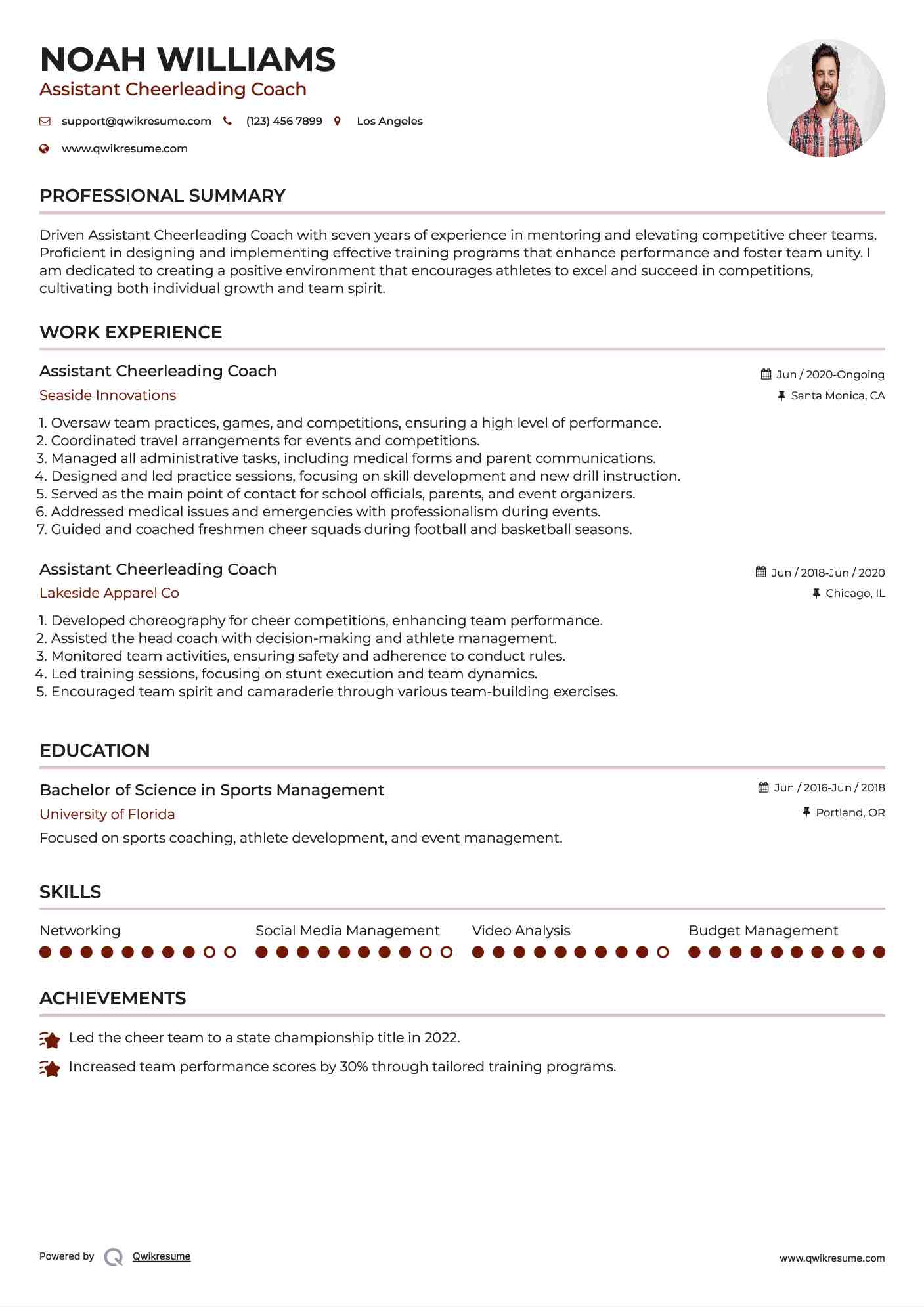 Assistant Cheerleading Coach Resume Samples QwikResume