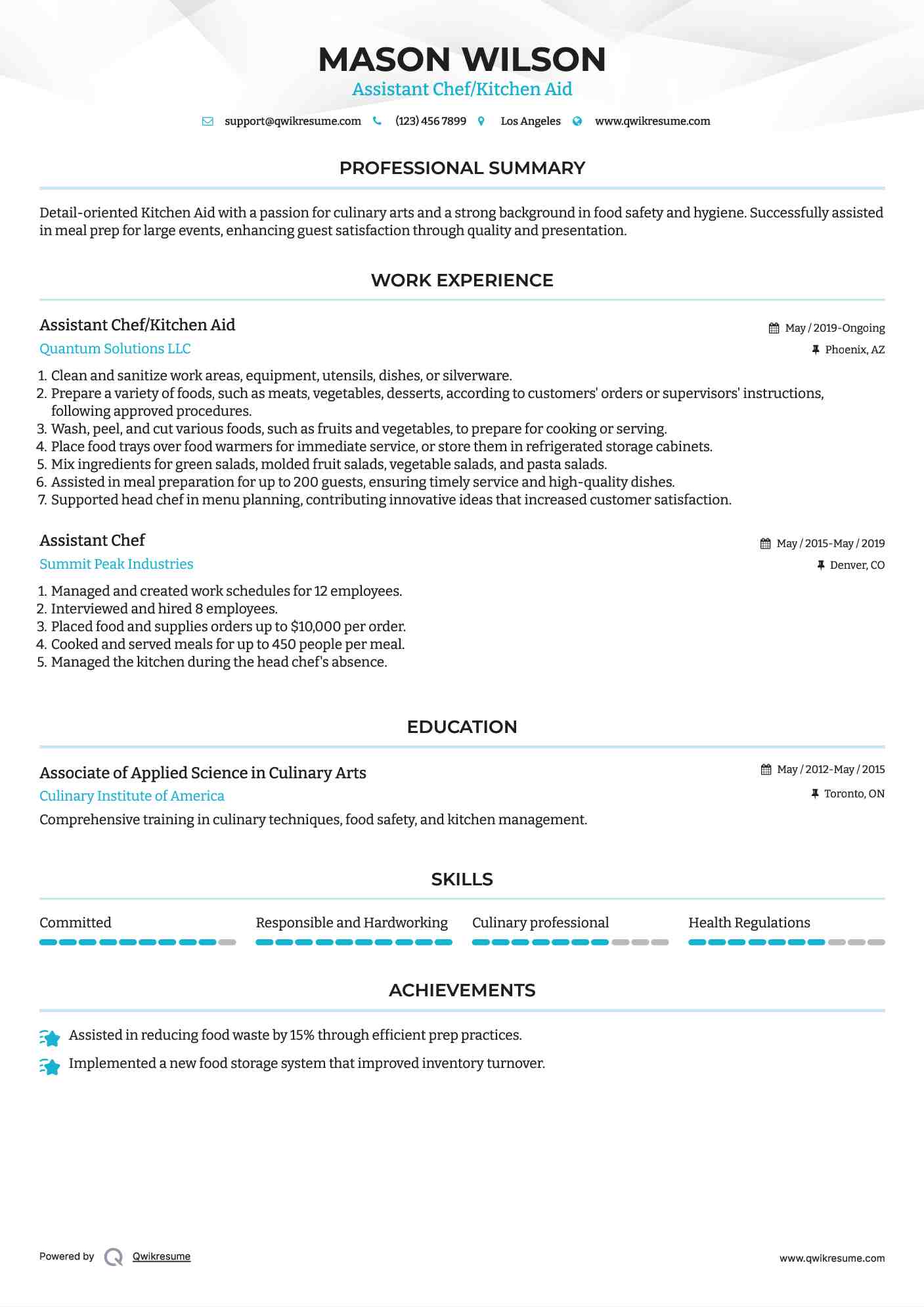 Assistant Chef/Kitchen Aid Resume Template