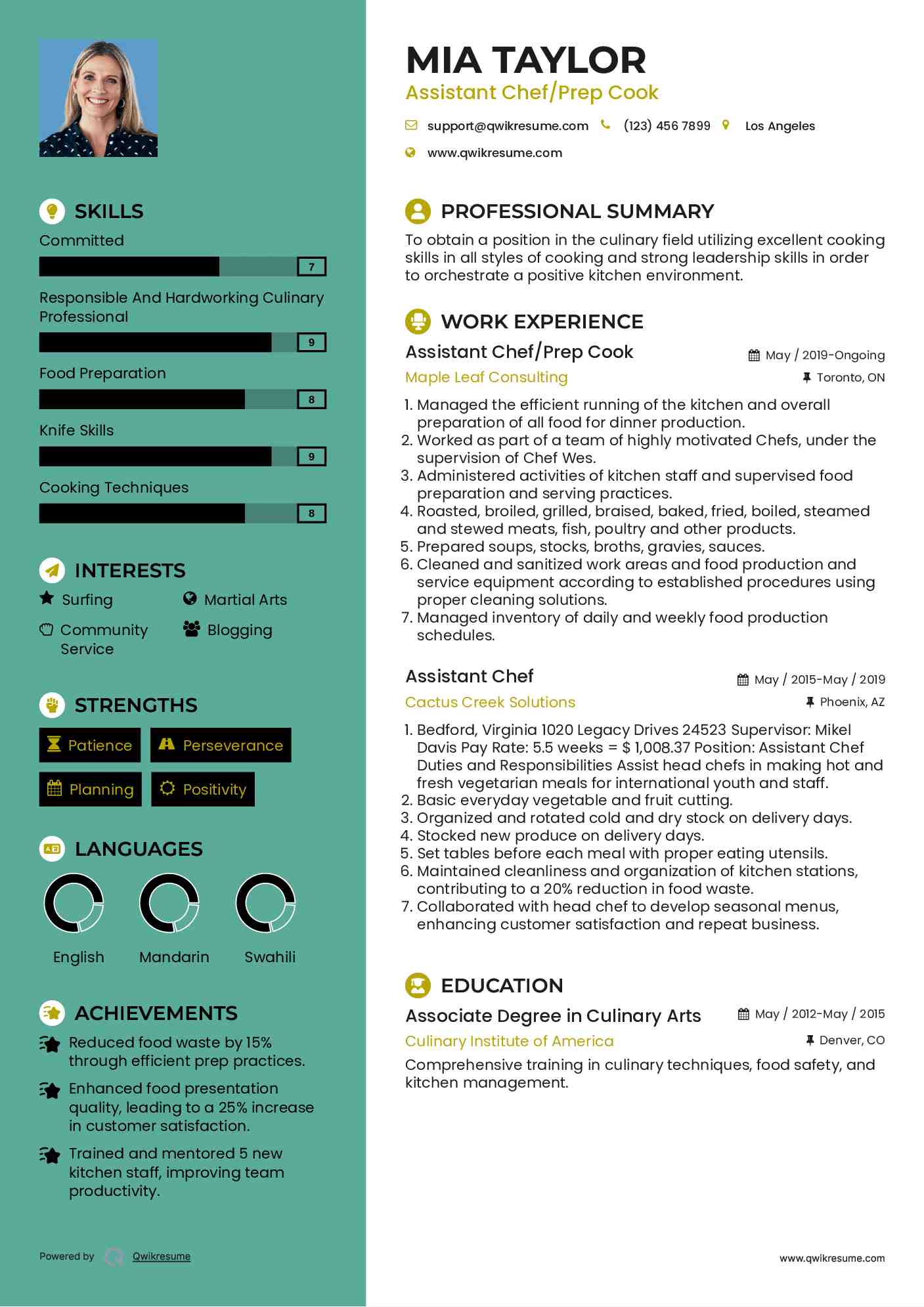 Assistant Chef/Prep Cook Resume Example