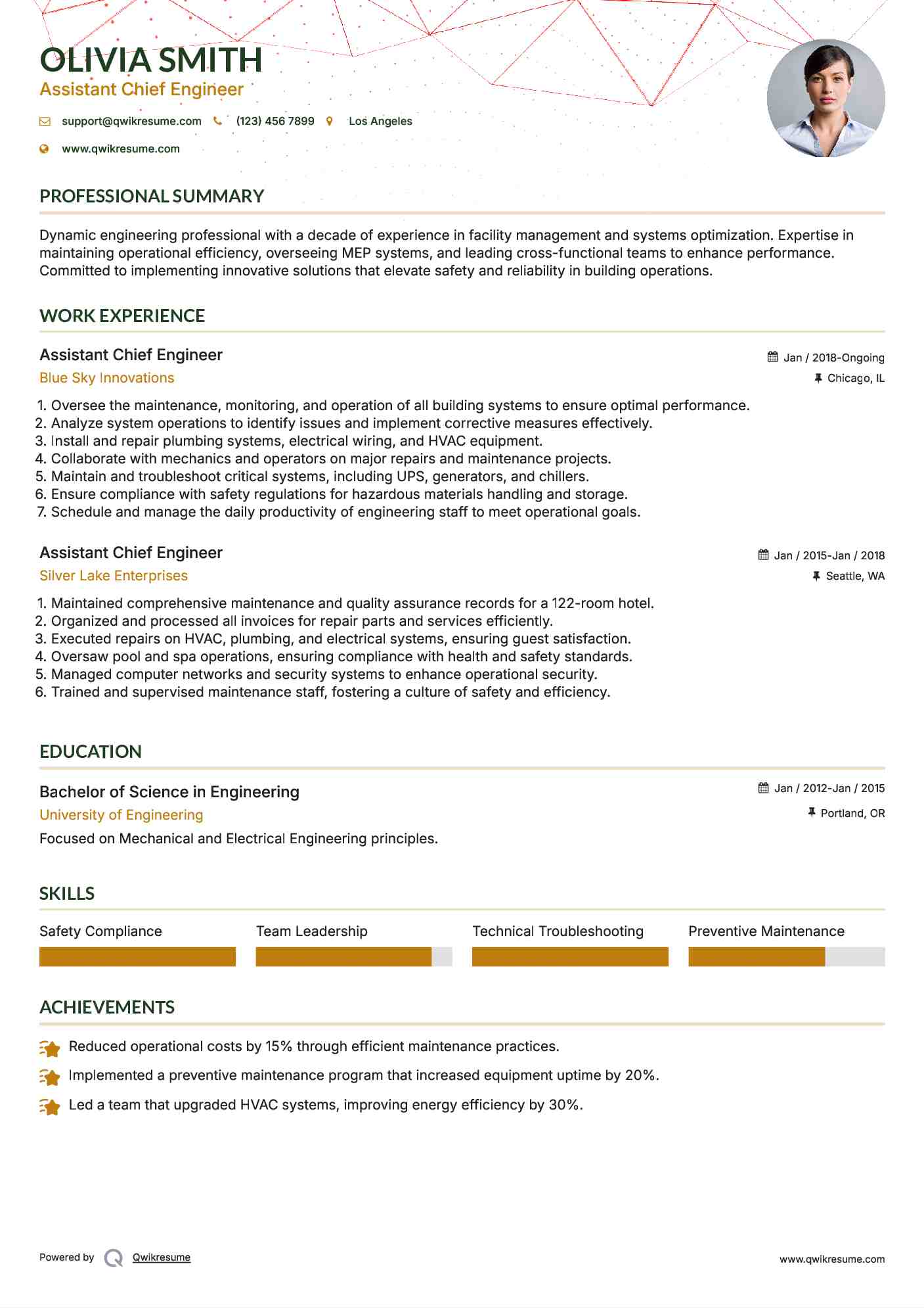 Assistant Chief Engineer Resume Example