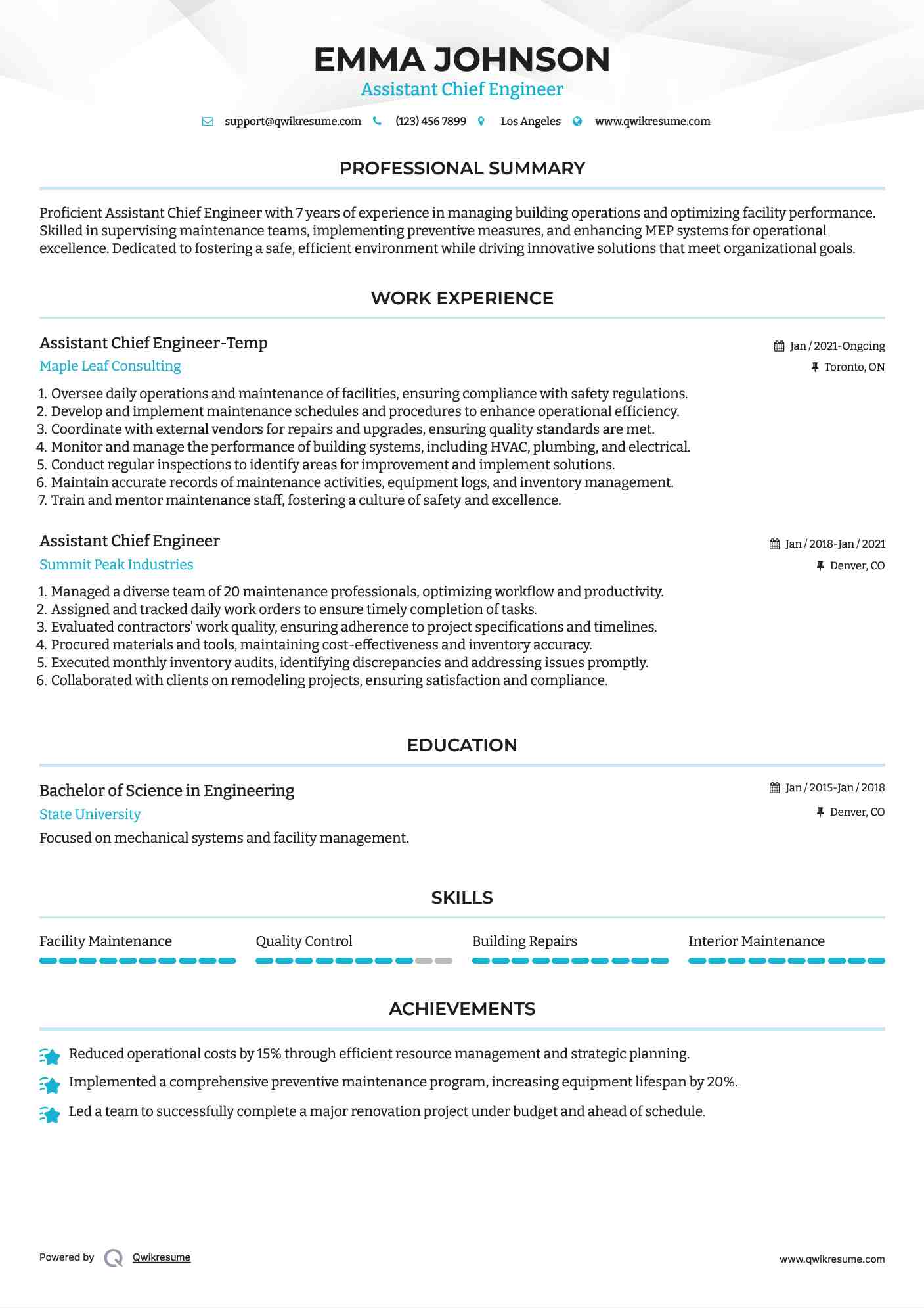 Assistant Chief Engineer-Temp Resume Format