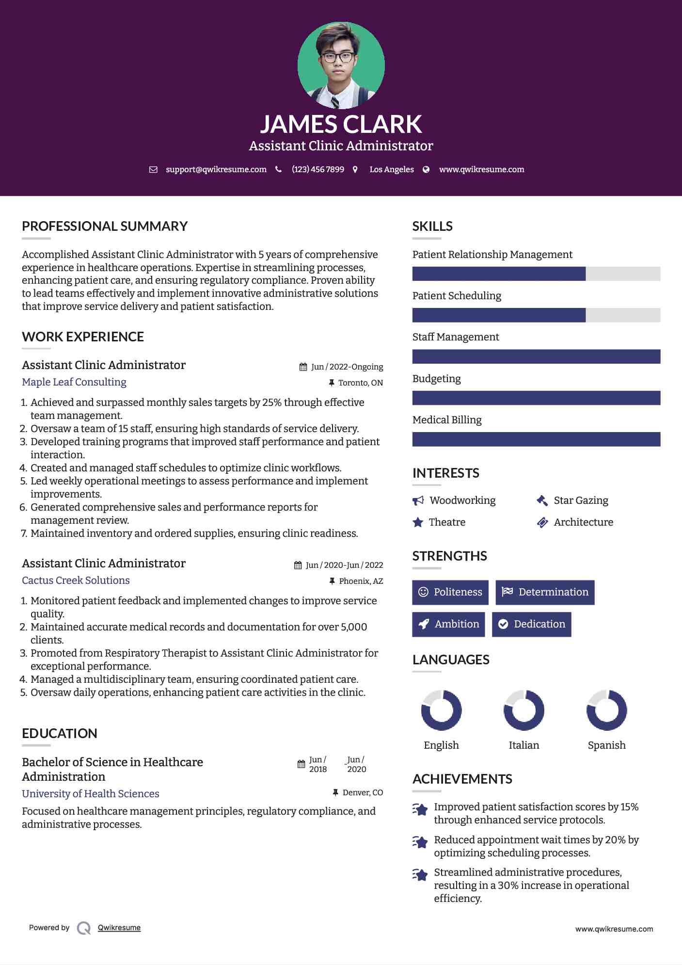 Assistant Clinic Administrator Resume Model