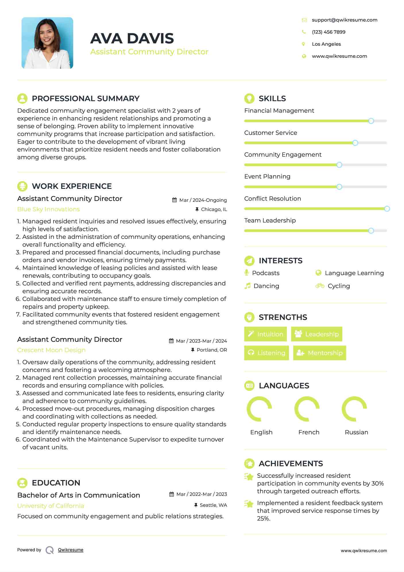 Assistant Community Director Resume Sample