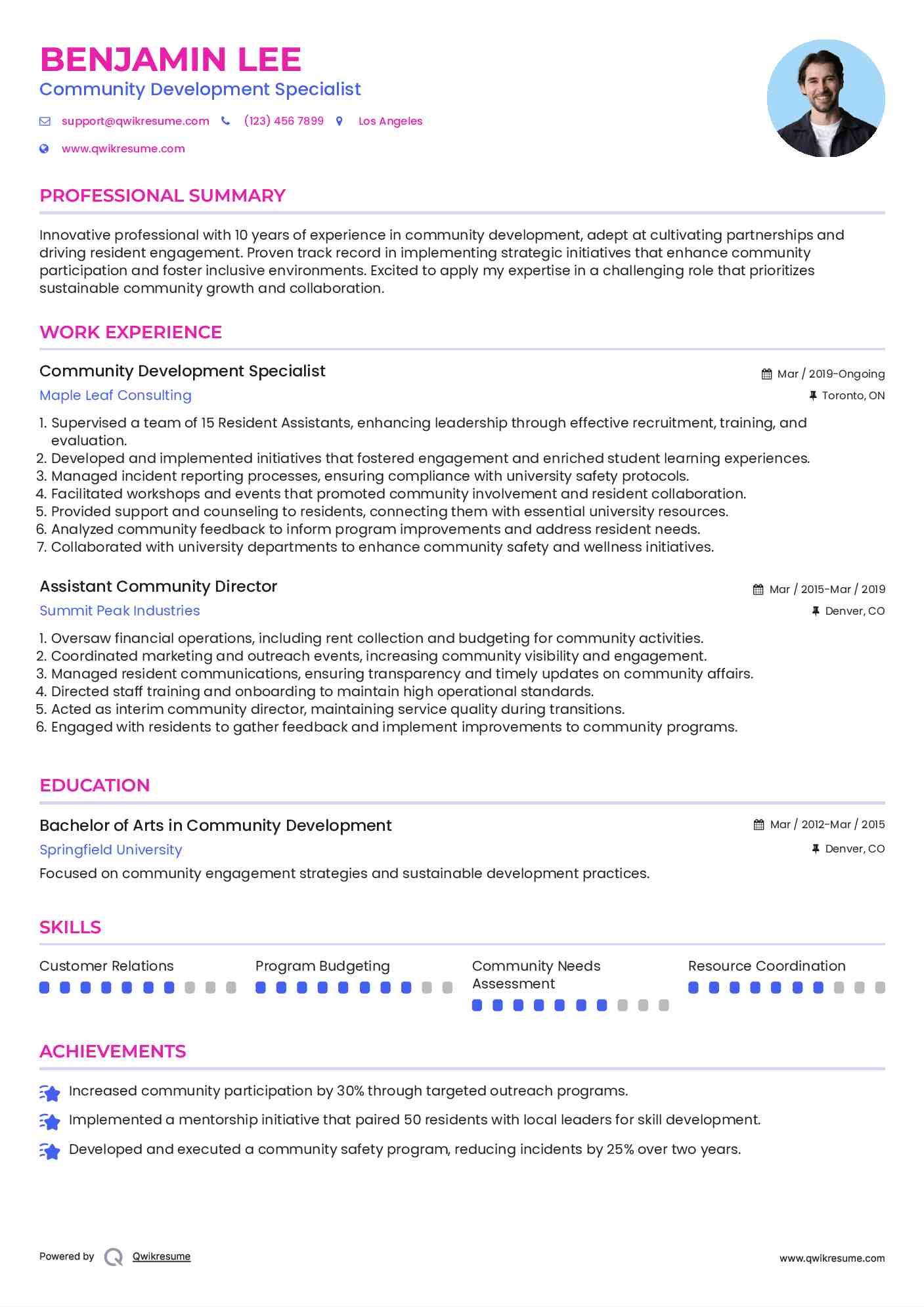 Community Development Specialist Resume Sample