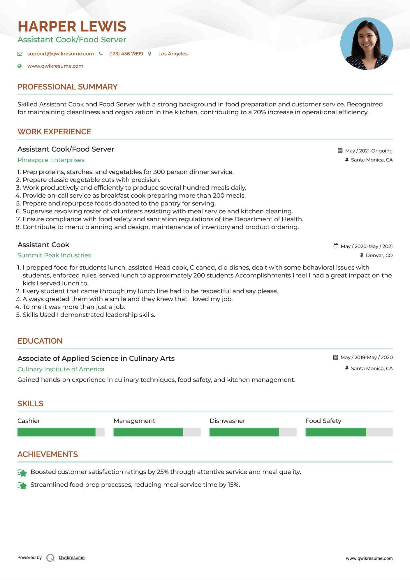 Assistant Cook/Food Server Resume Example