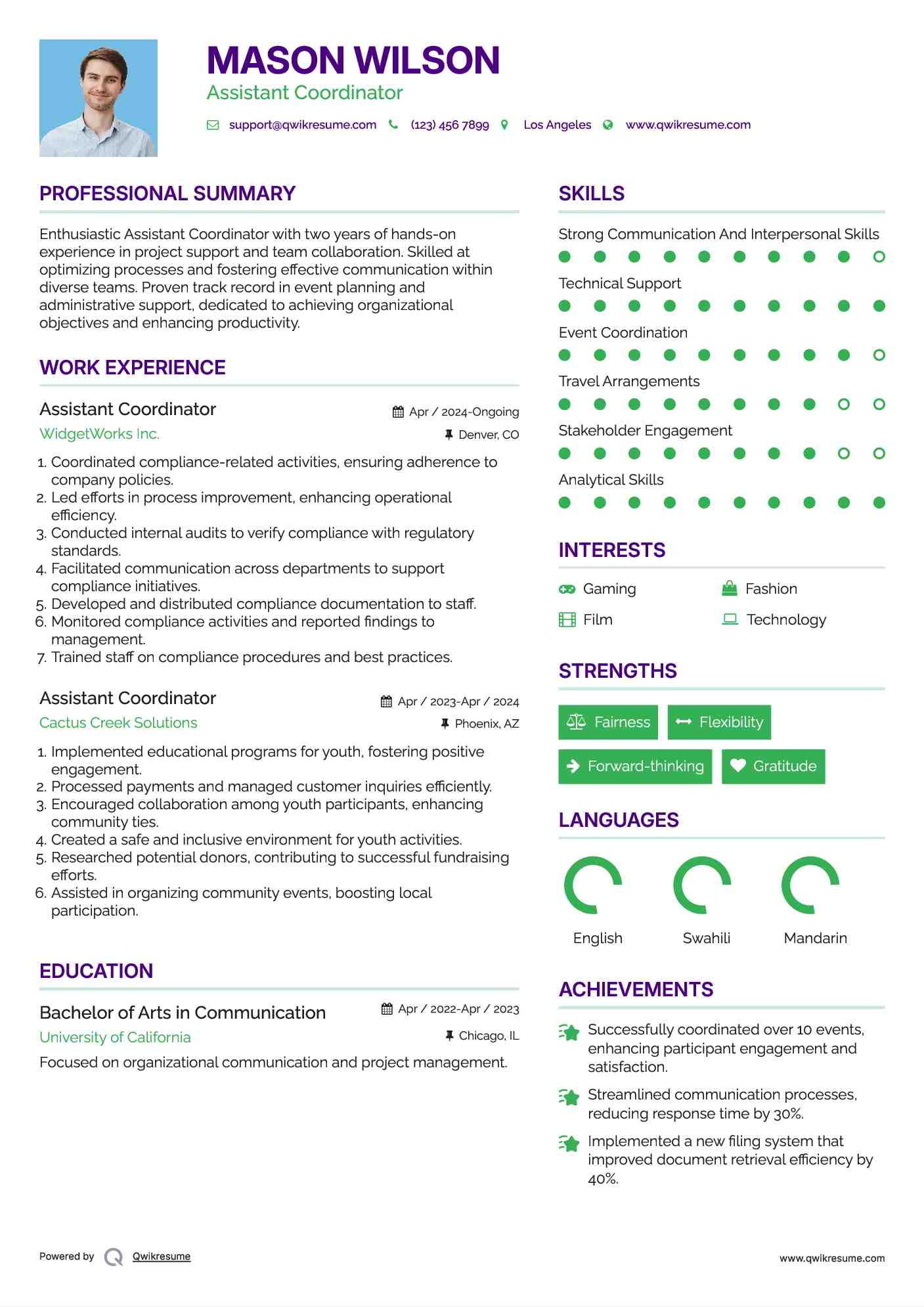 Assistant Coordinator Resume Model