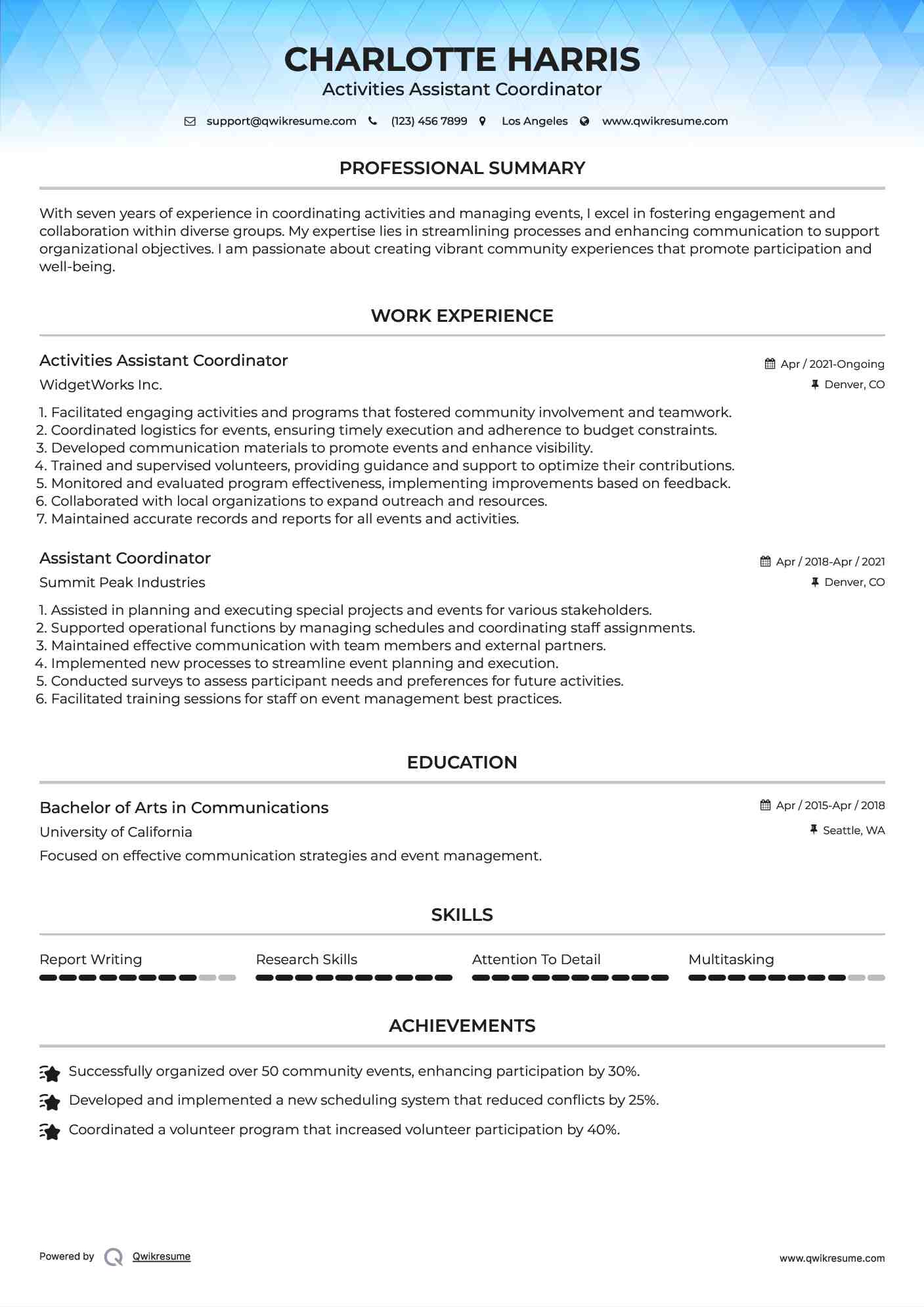 Activities Assistant Coordinator Resume Sample
