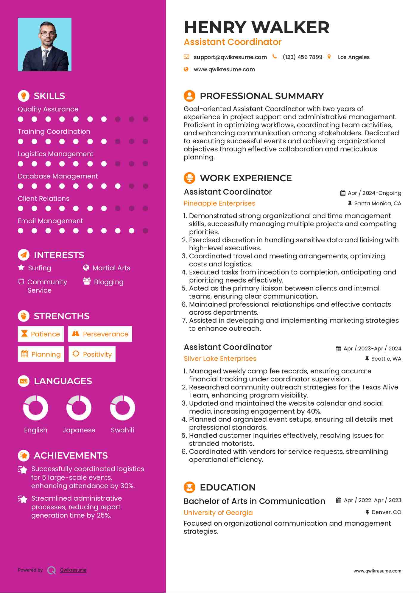 Assistant Coordinator Resume Example