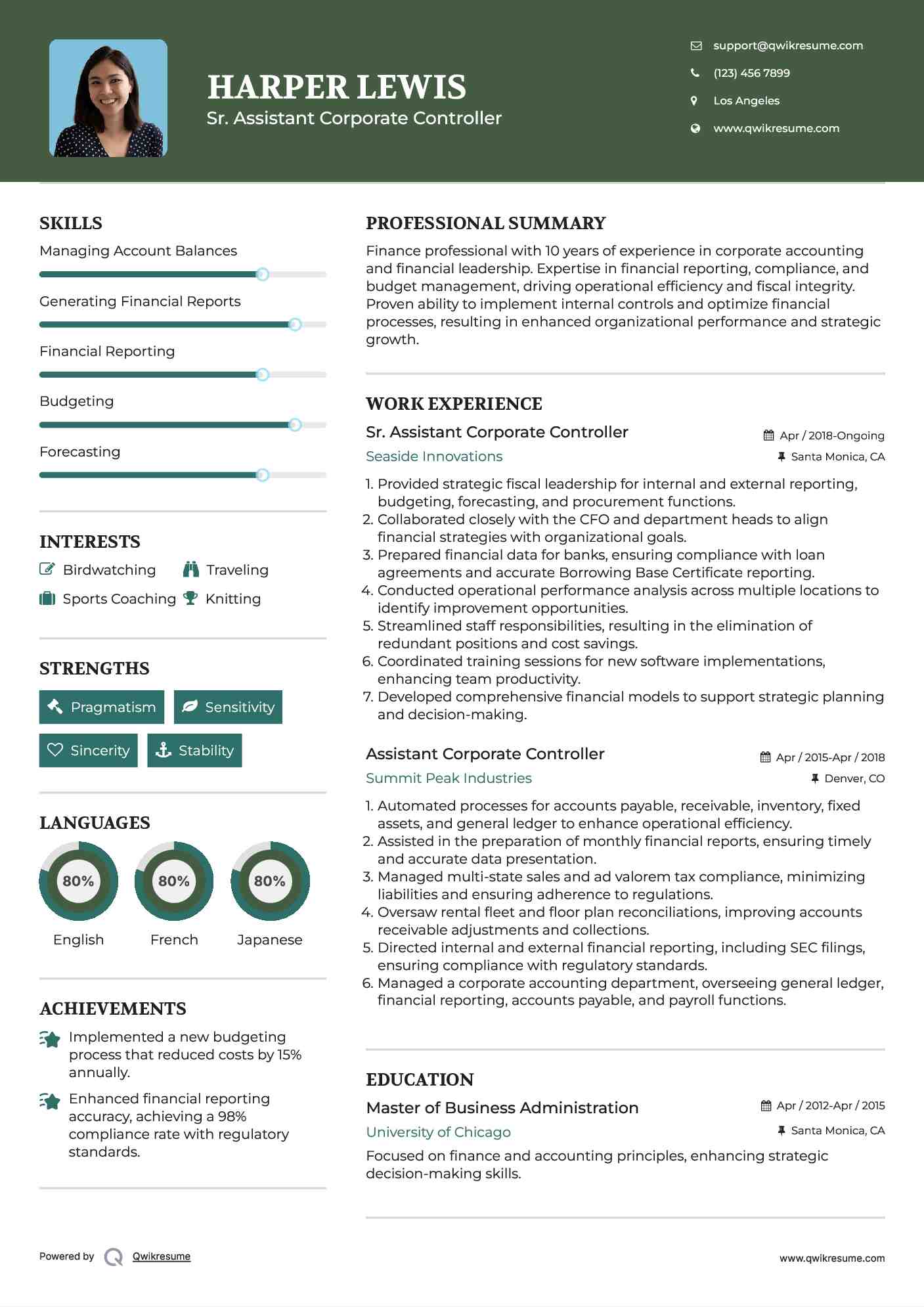 Sr. Assistant Corporate Controller Resume Format