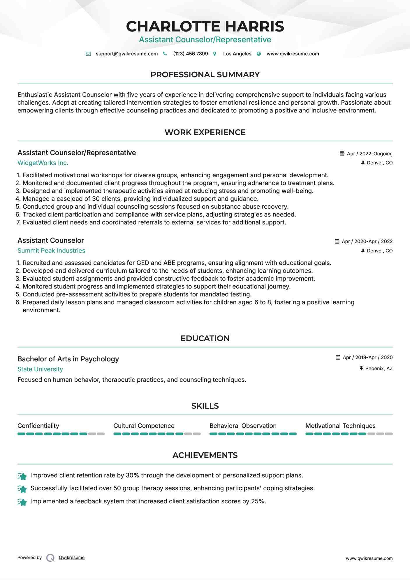 Assistant Counselor/Representative Resume Sample