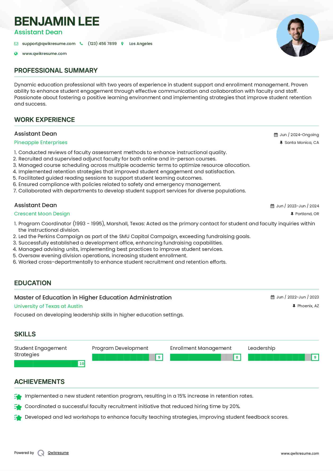 Assistant Dean Resume Format