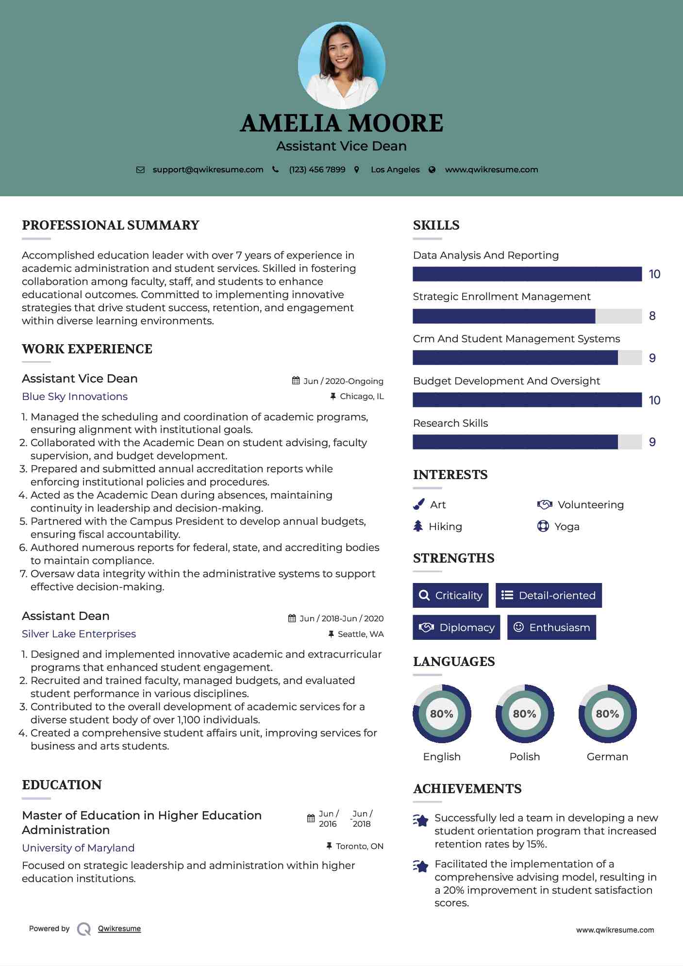 Assistant Vice Dean Resume Example