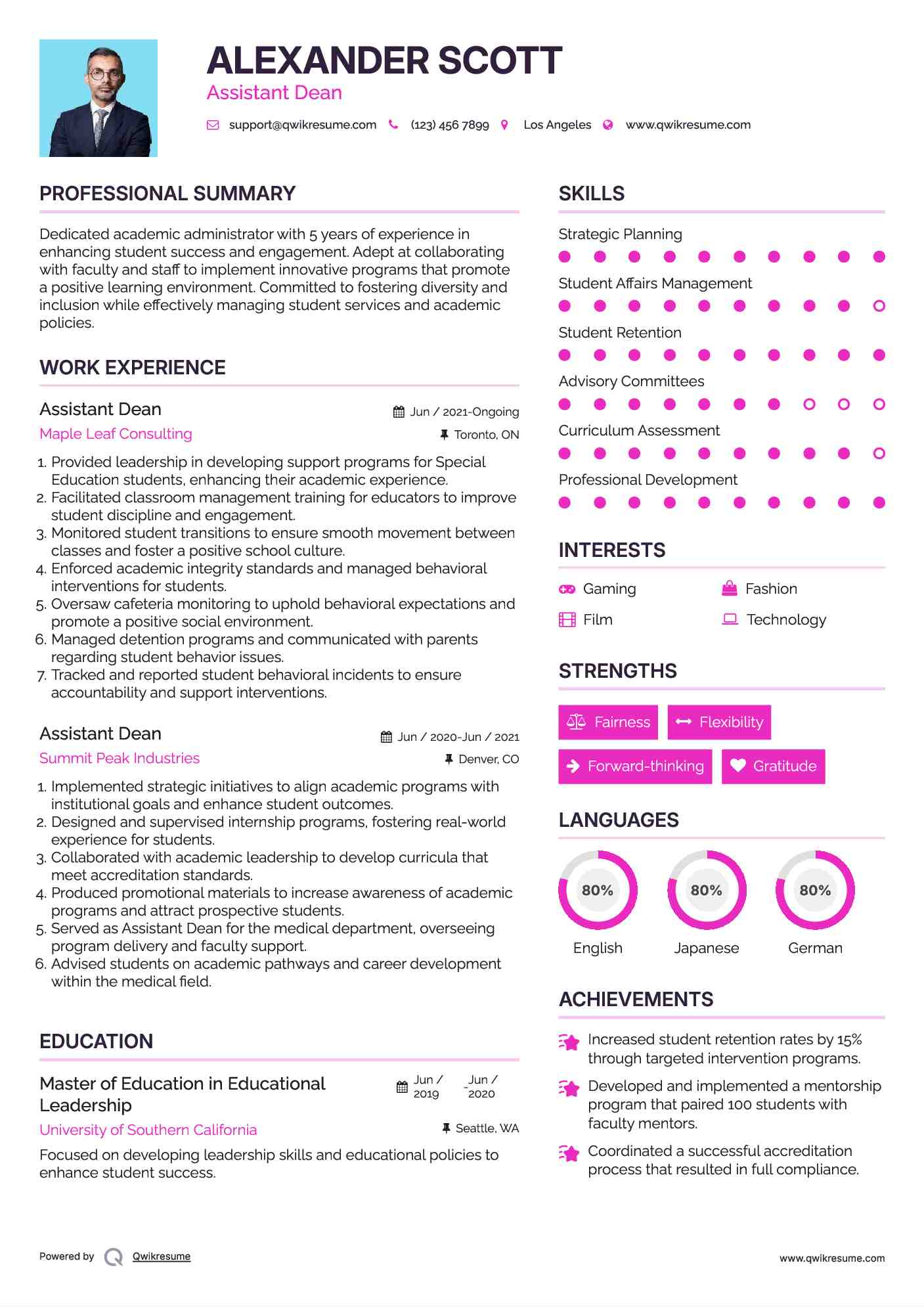Assistant Dean Resume Format