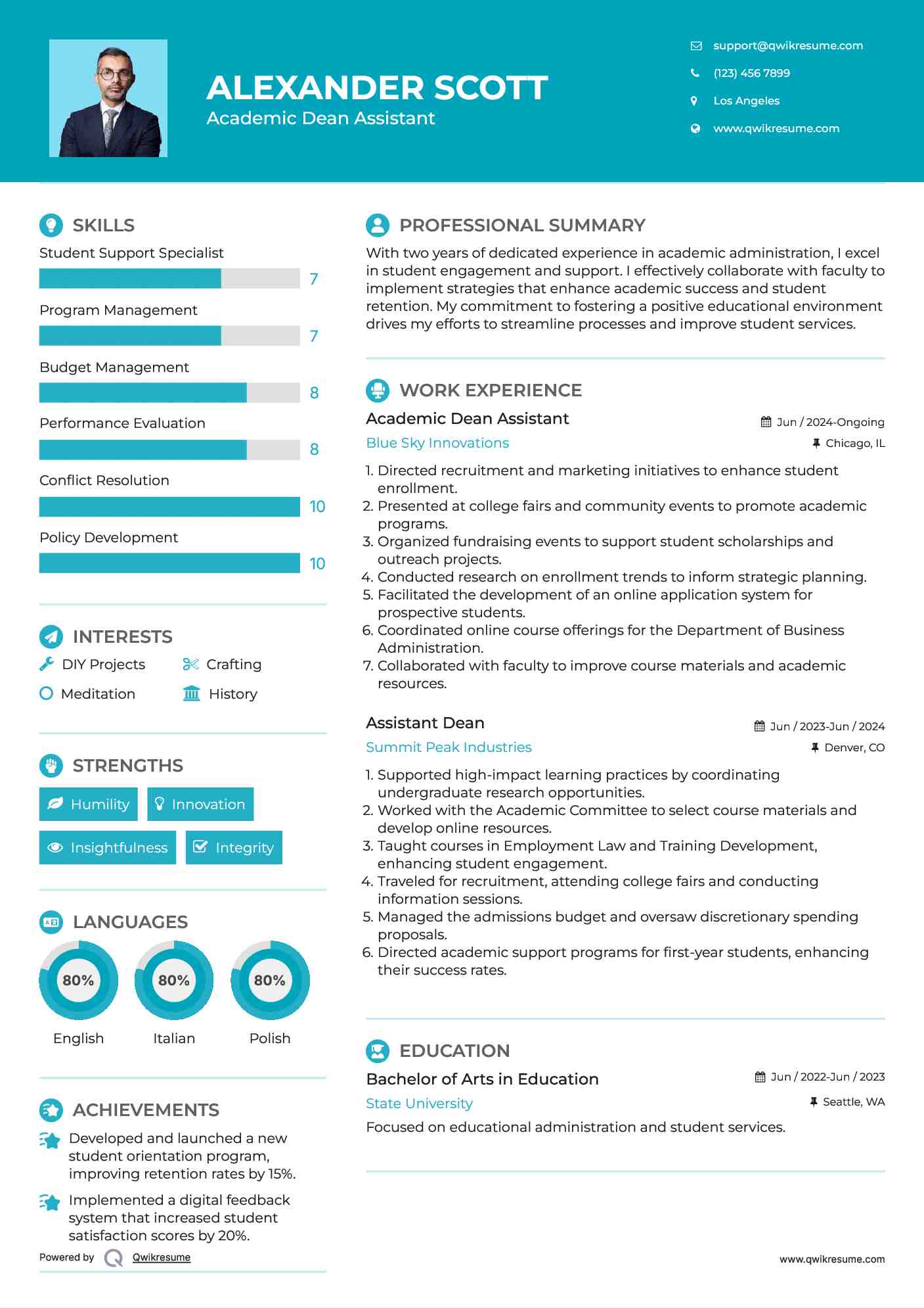 Academic Dean Assistant Resume Example