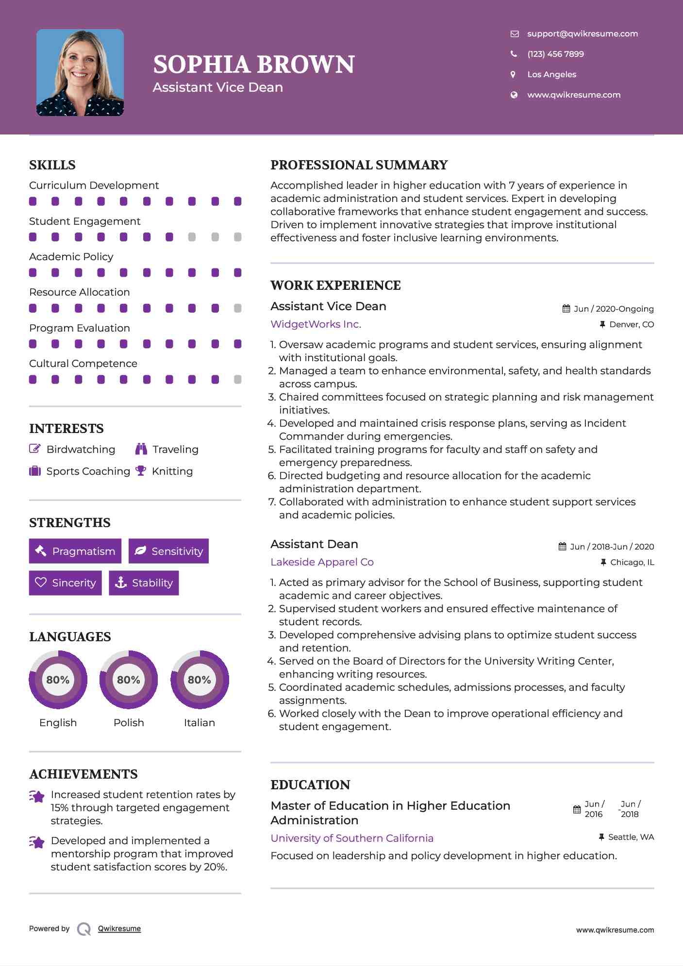 Assistant Vice Dean Resume Model