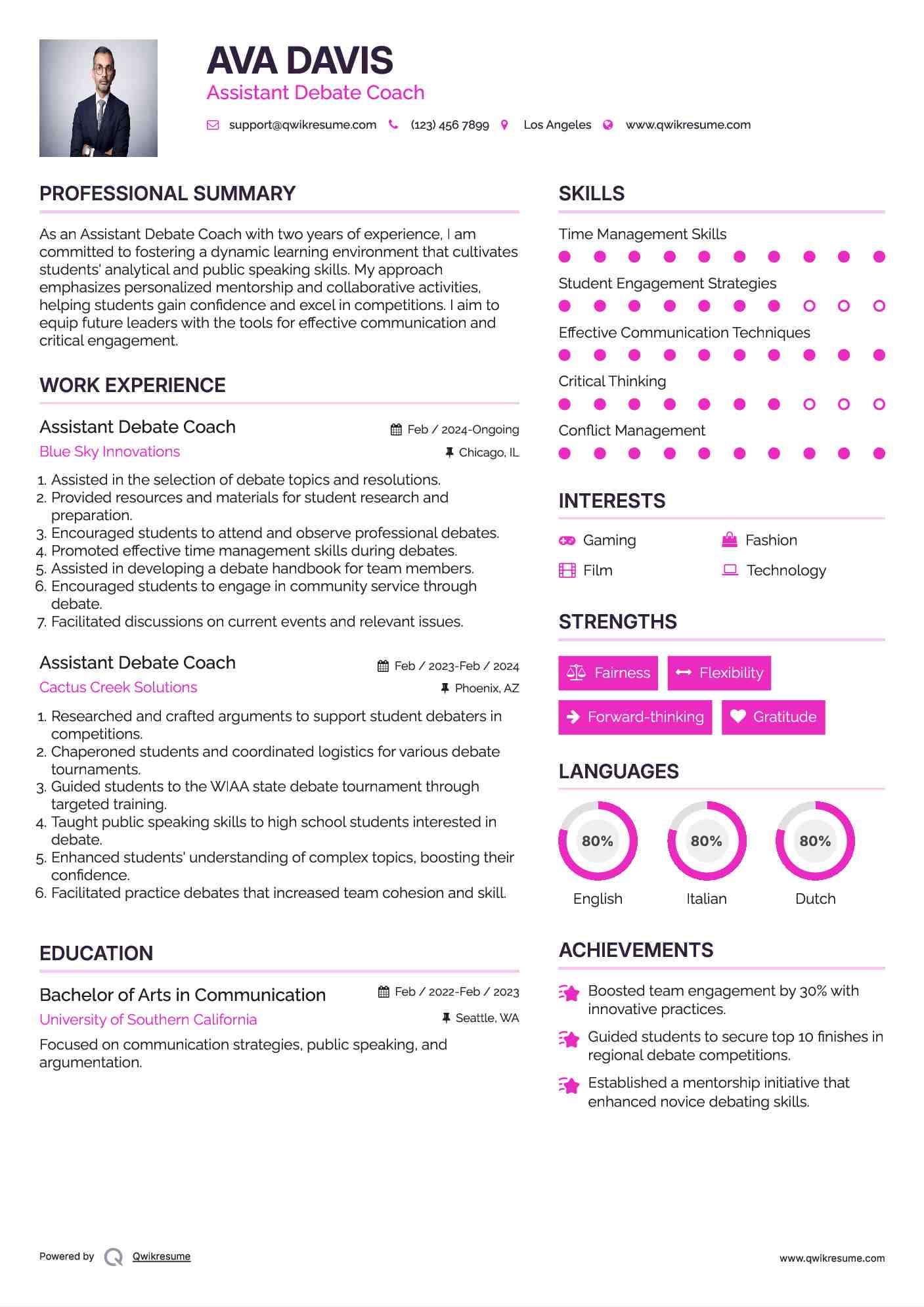 Assistant Debate Coach Resume Example