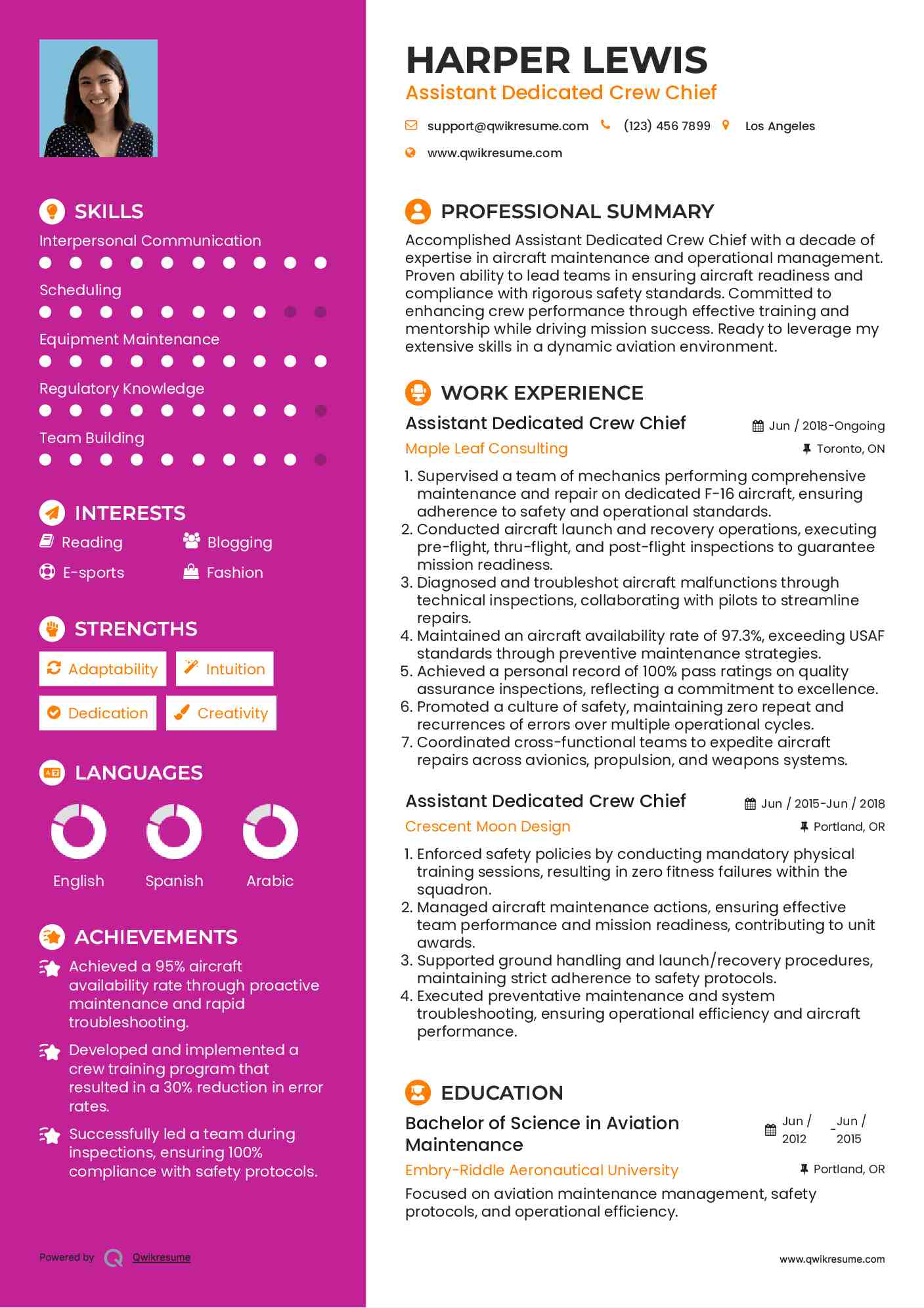 Assistant Dedicated Crew Chief Resume Model