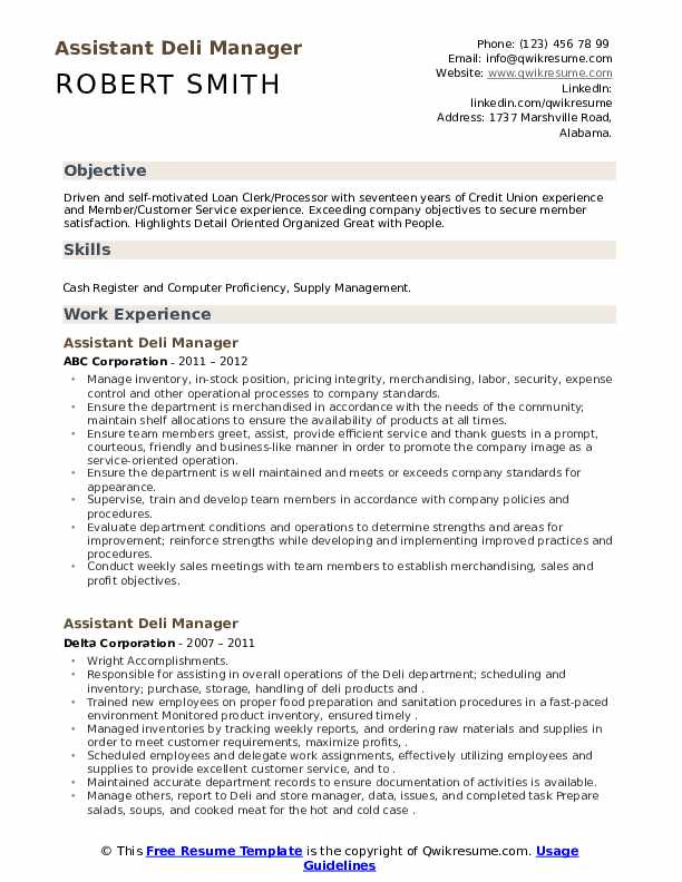 Assistant Deli Manager Resume Samples QwikResume