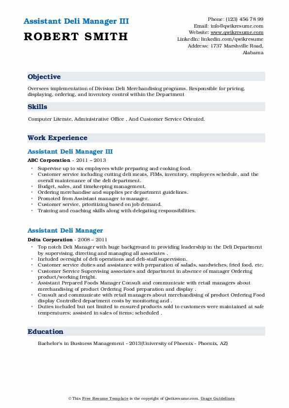Assistant Deli Manager Resume Samples QwikResume