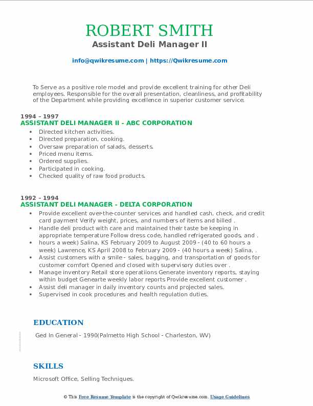 Assistant Deli Manager Resume Samples QwikResume