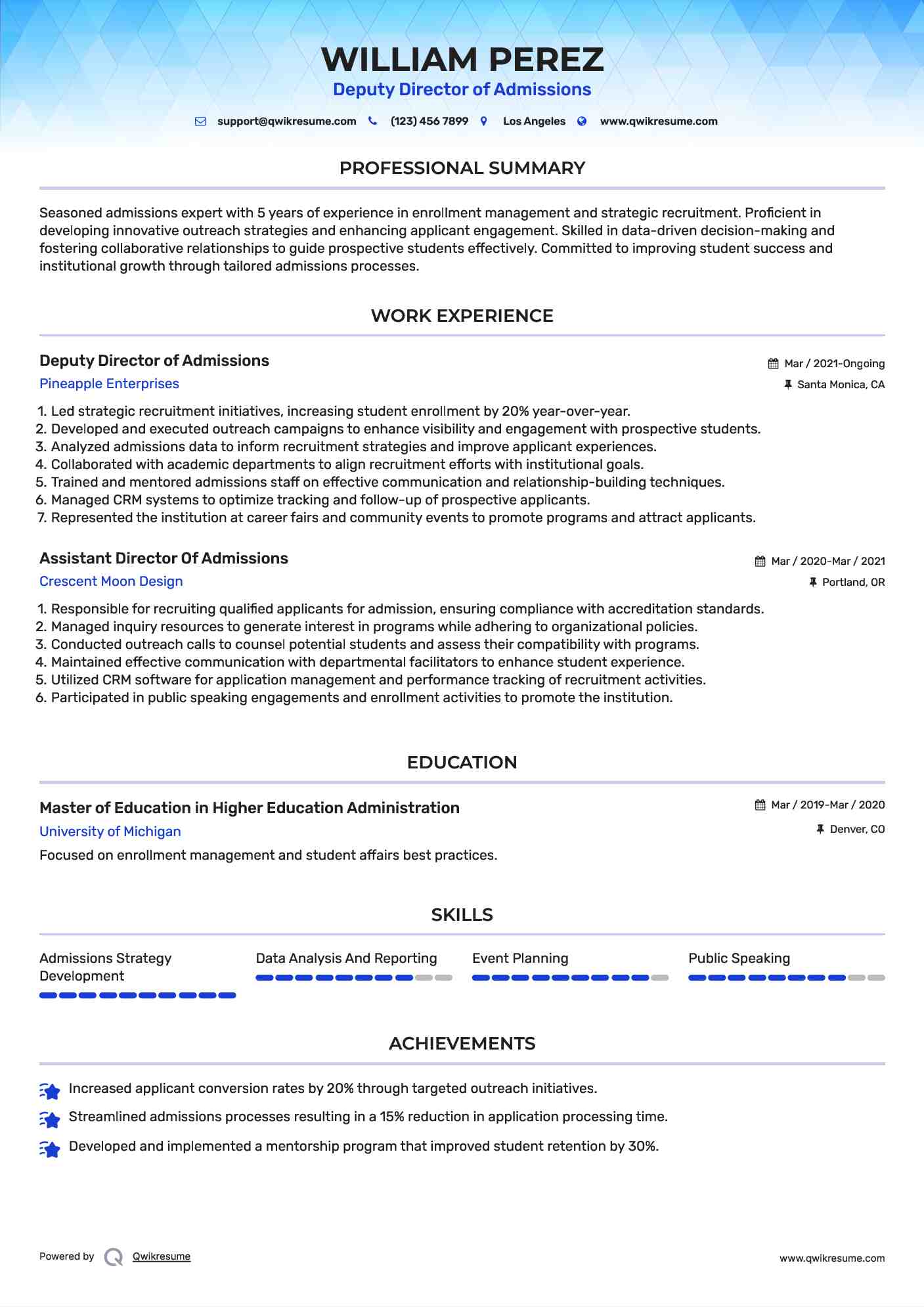 Deputy Director of Admissions Resume Model