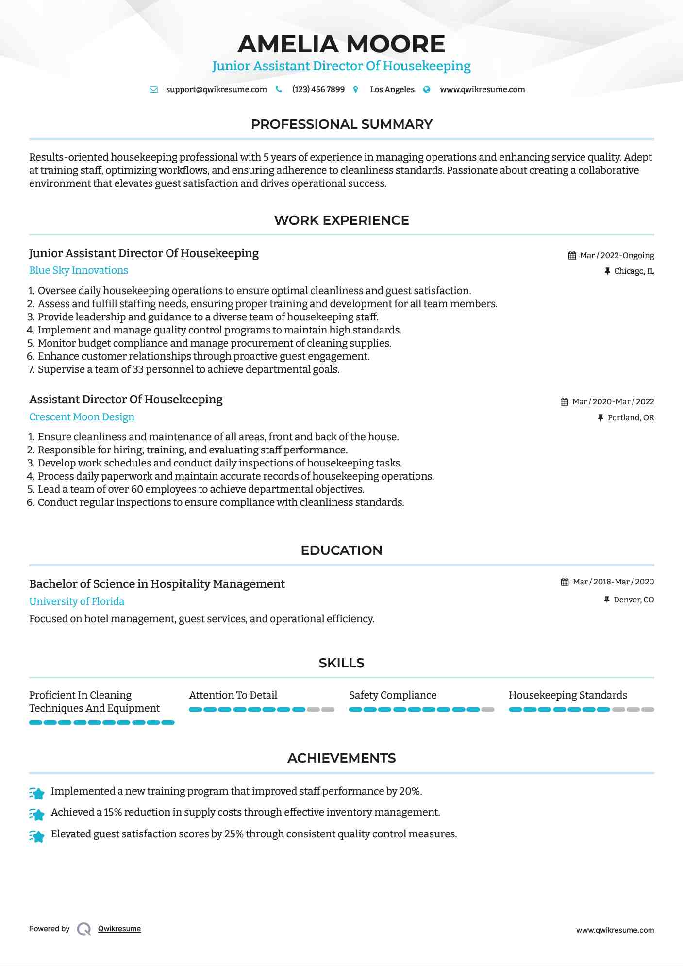 Junior Assistant Director Of Housekeeping Resume Example