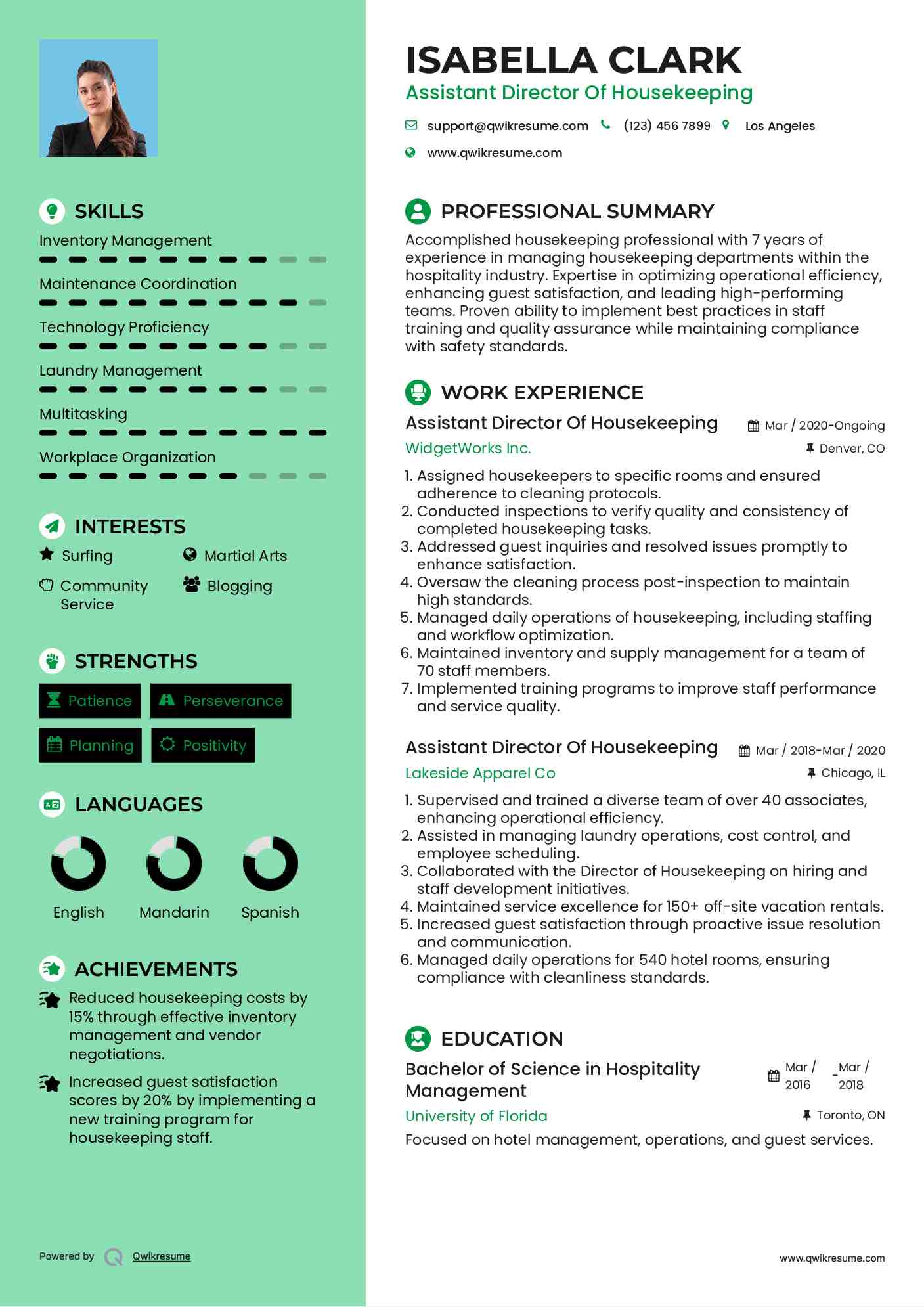 Assistant Director Of Housekeeping Resume Model