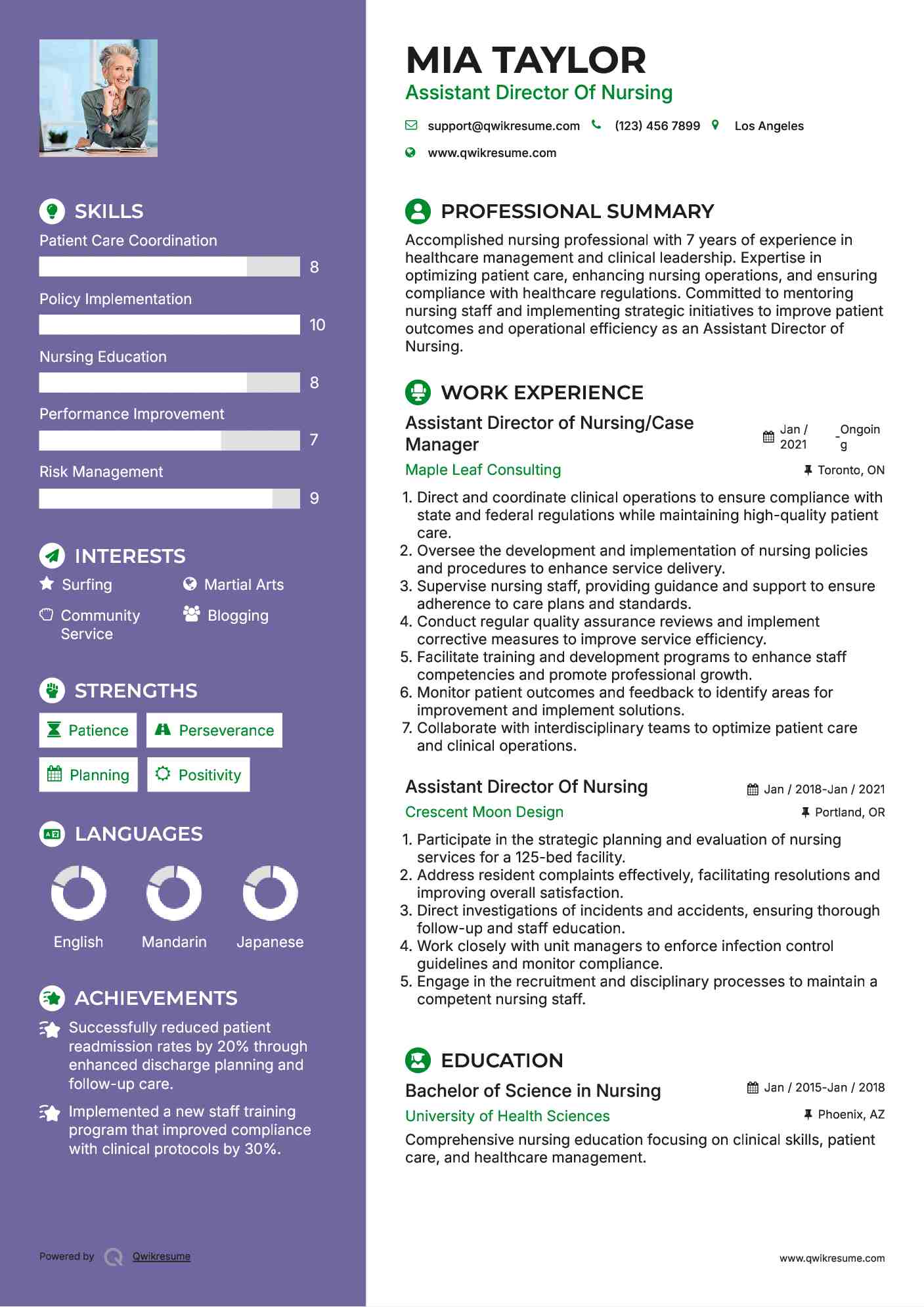 Assistant Director of Nursing/Case Manager Resume Sample