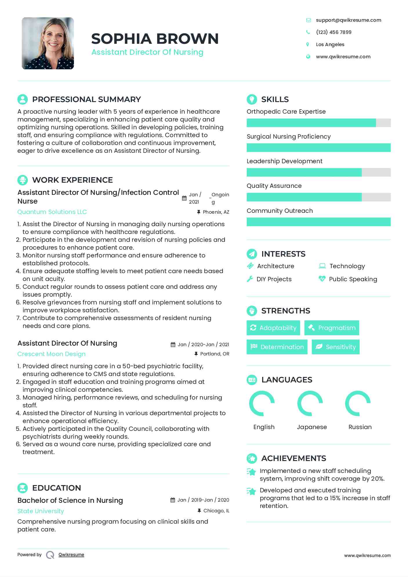 Assistant Director Of Nursing/Infection Control Nurse Resume Format